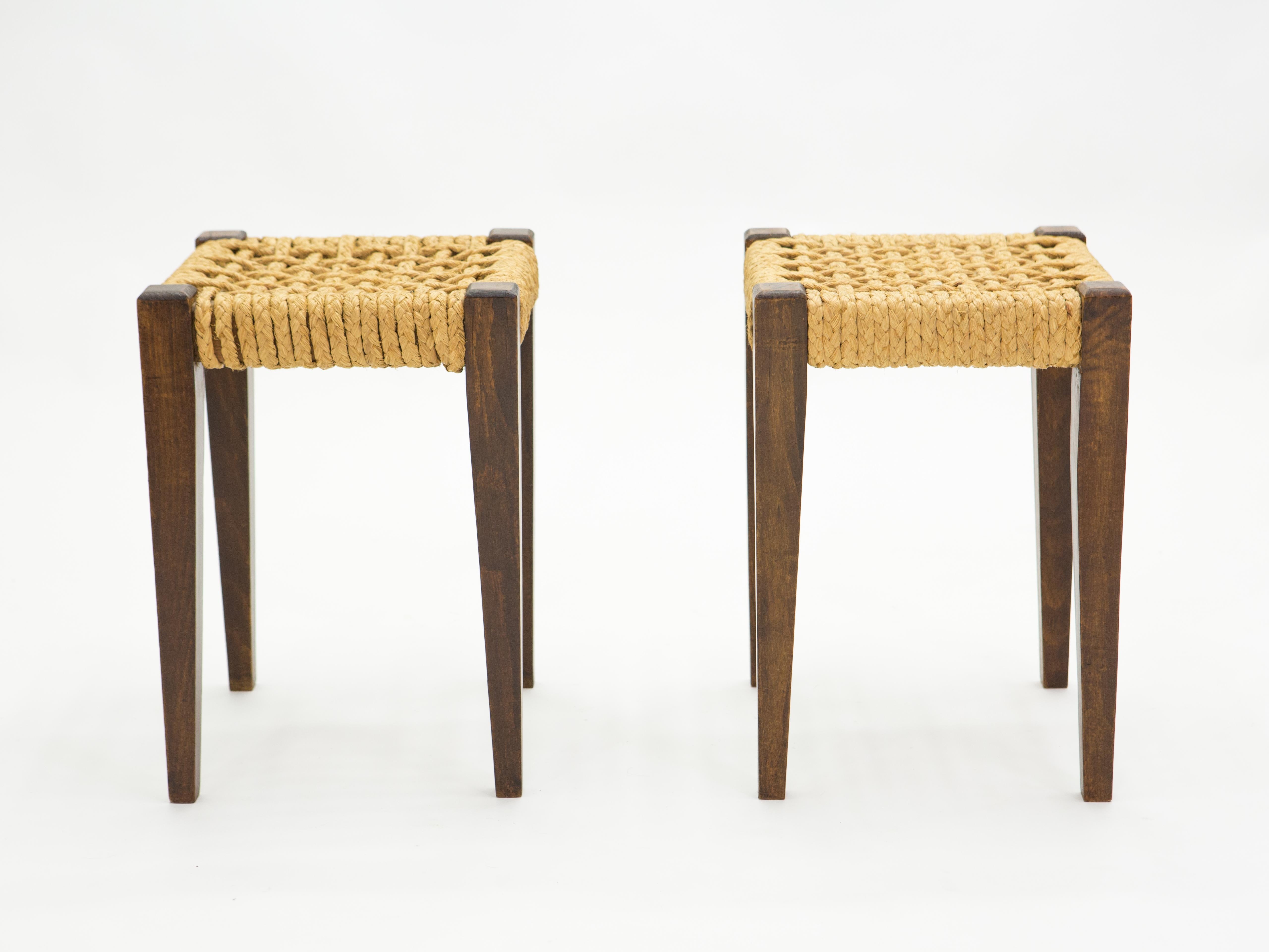 Pair of Stools Rope and Oakwood by Audoux Minet, 1950s In Good Condition In Paris, IDF