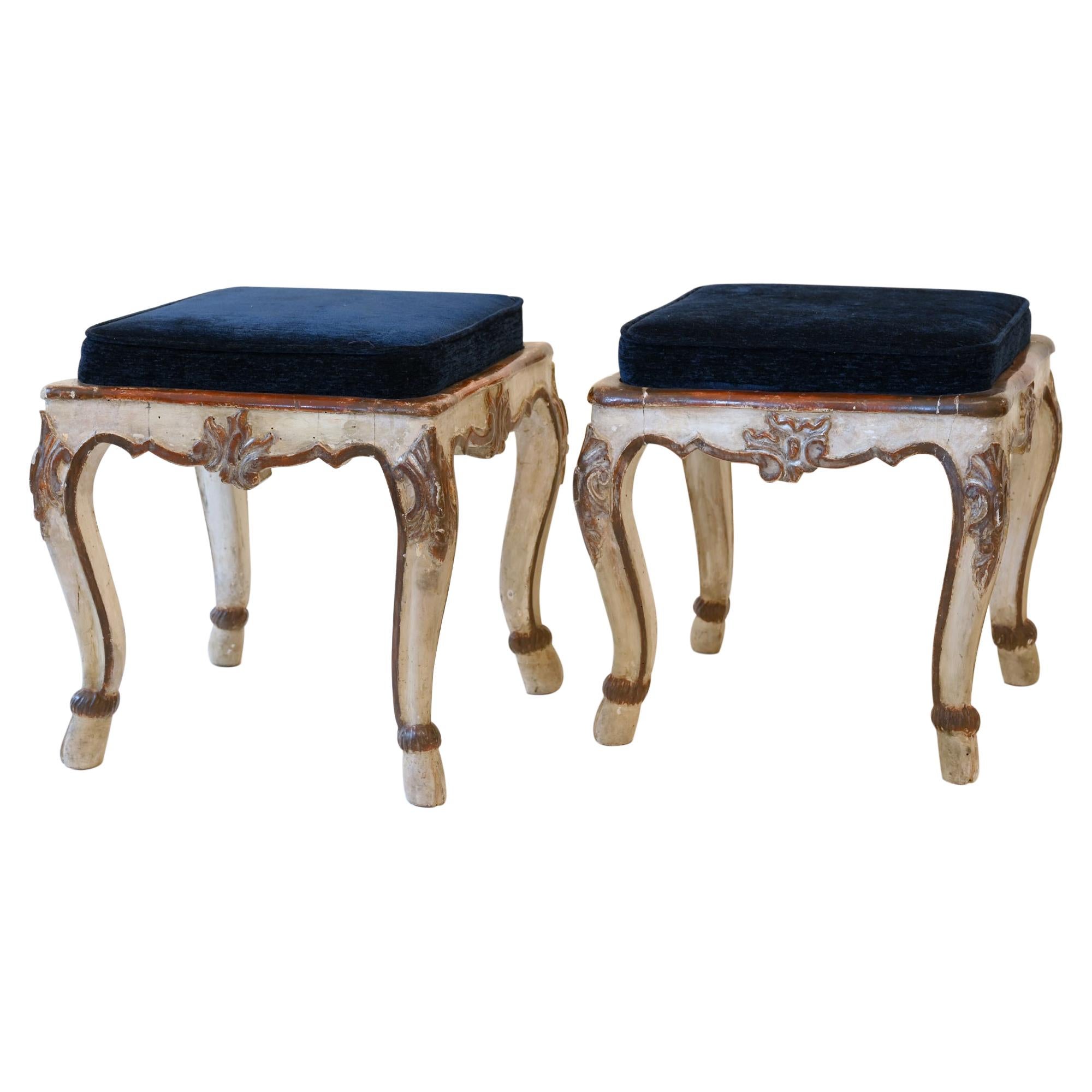Pair of Stools, South Germany Bavaria 1750 Original Painting, New Upholstery