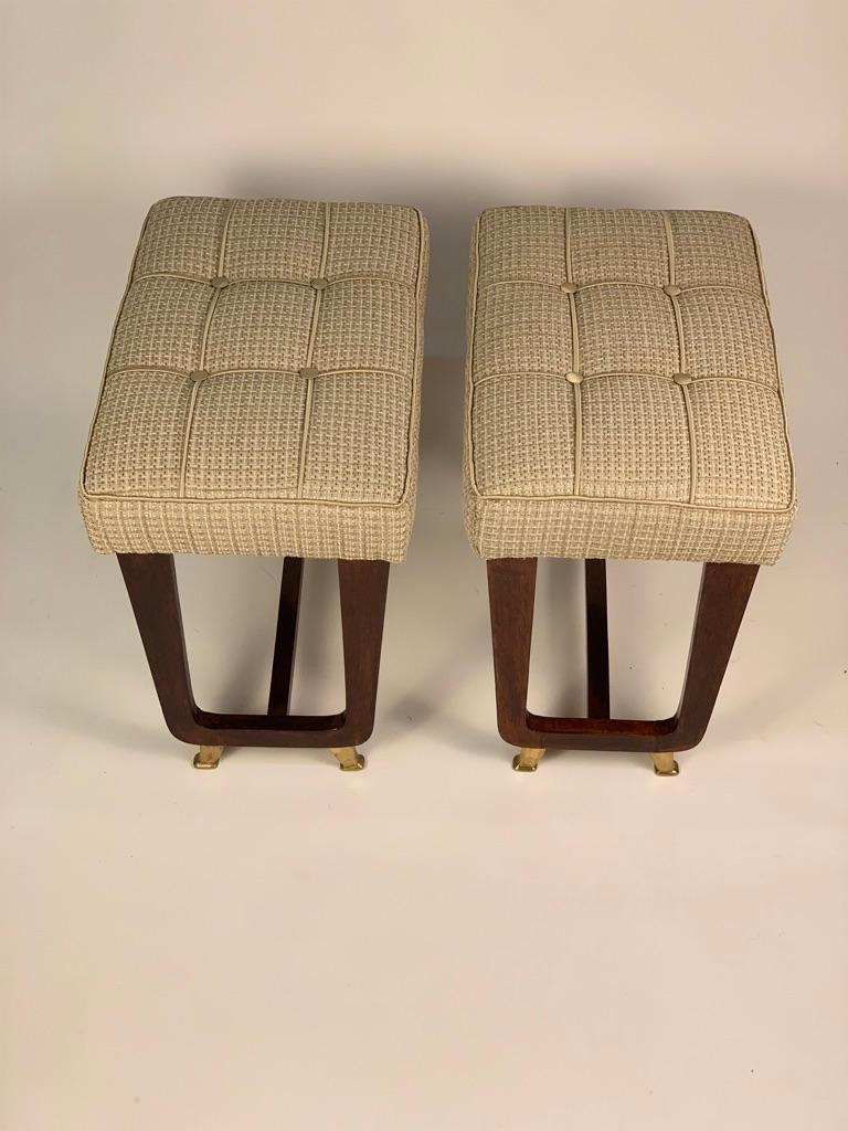 20th Century Pair of Stools with Padded Seat and Wooden Legs from 1950s