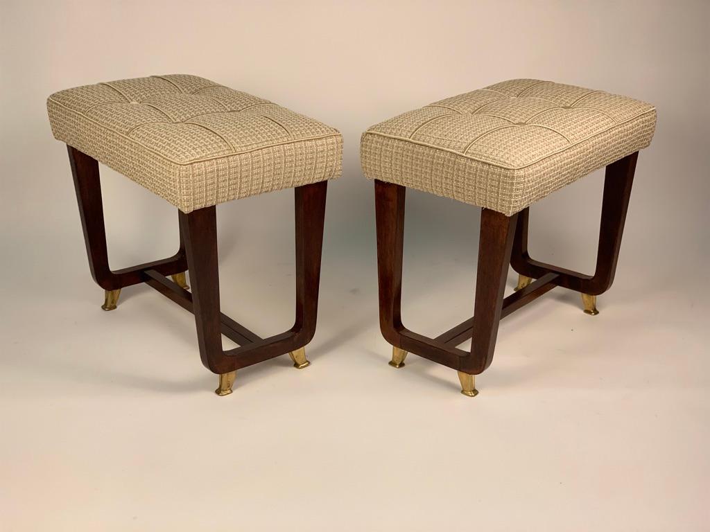Pair of Stools with Padded Seat and Wooden Legs from 1950s 1