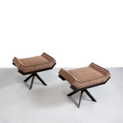 Pair of stools with steel frame in an oxidized finish and upholstered chenille