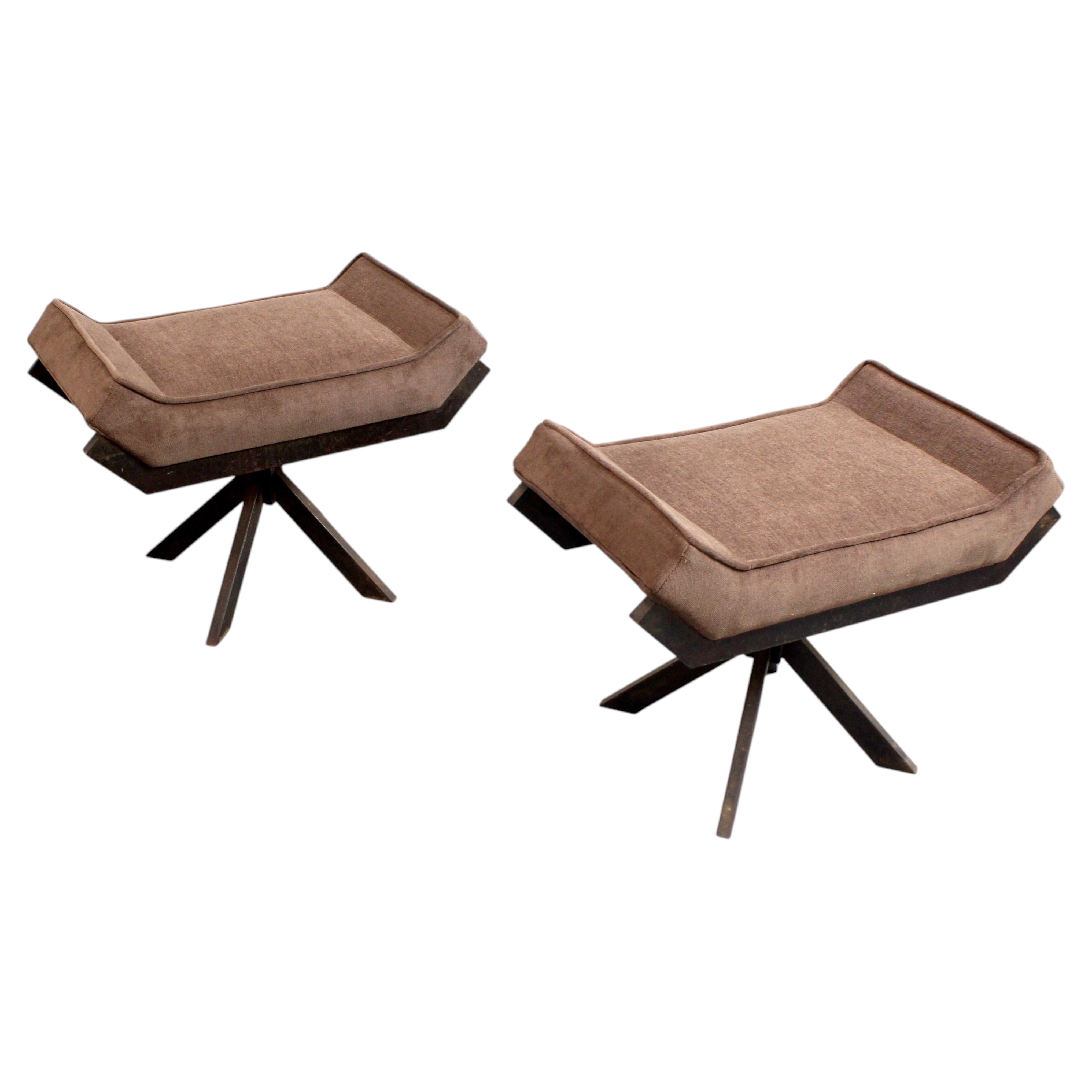 Pair of stools with steel frame in an oxidized finish and upholstered chenille For Sale