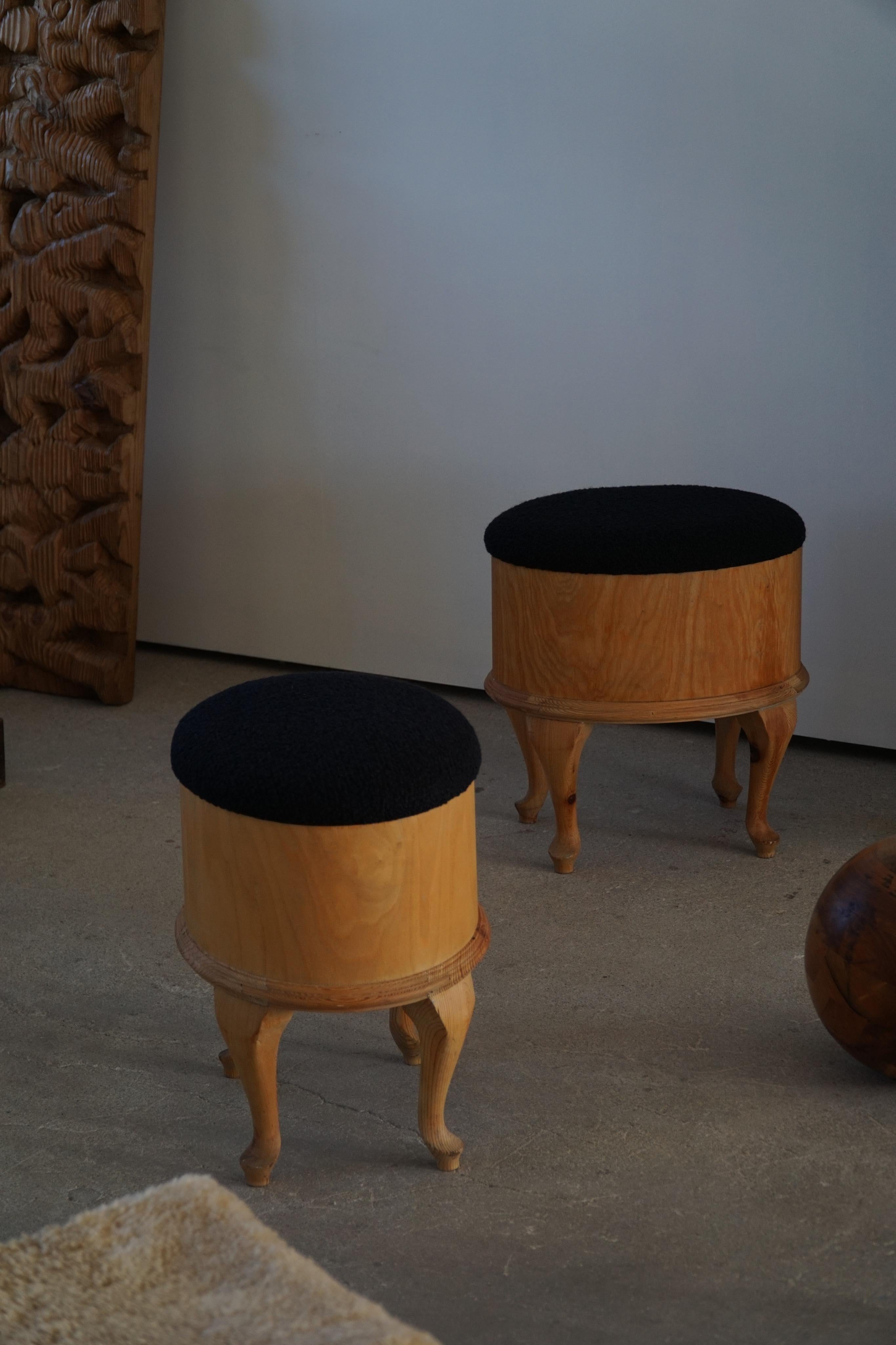 Pair of Stools with Storage in Pine and Reupholstered in Bouclé, Danish Modern 4