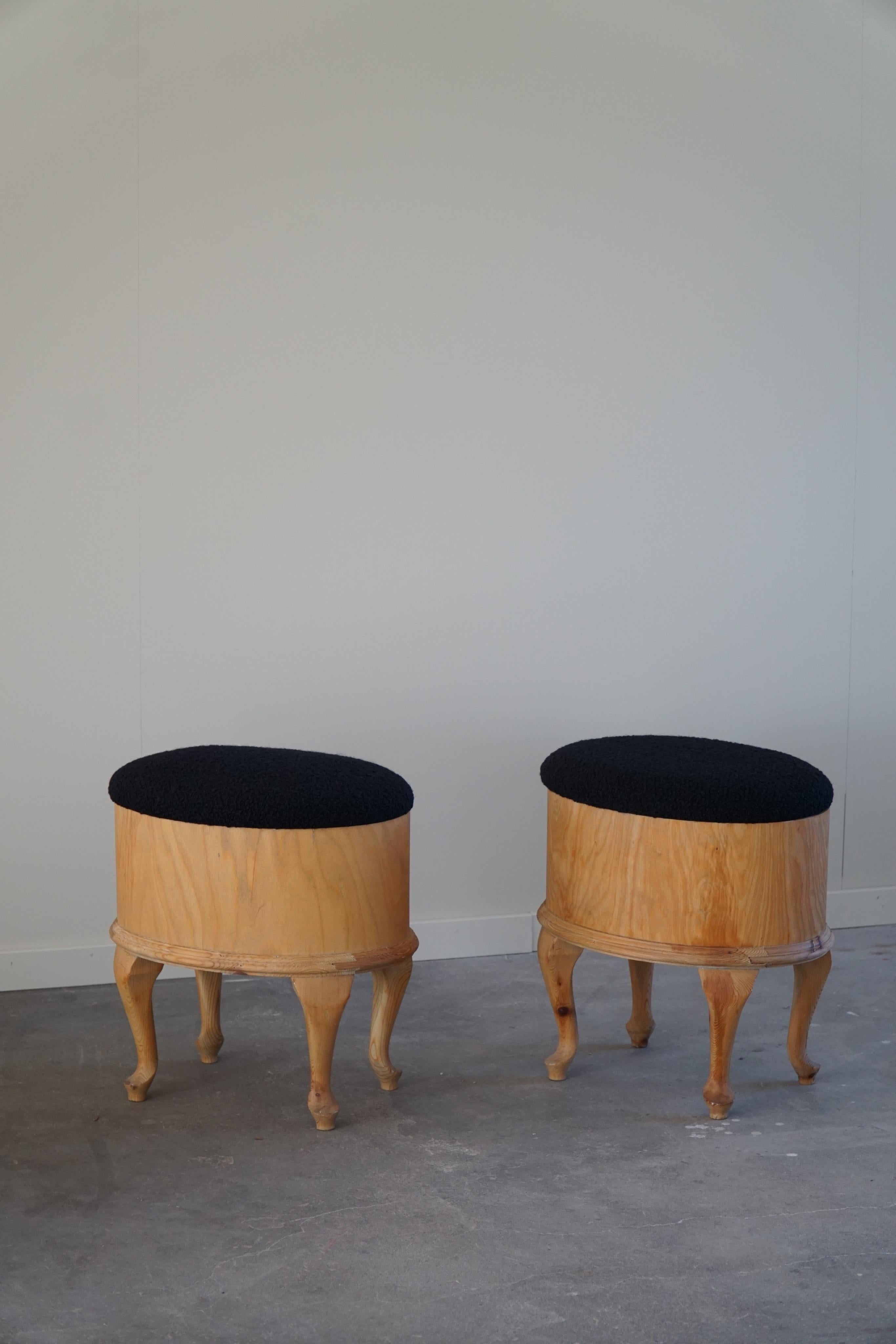 Pair of Stools with Storage in Pine and Reupholstered in Bouclé, Danish Modern 7