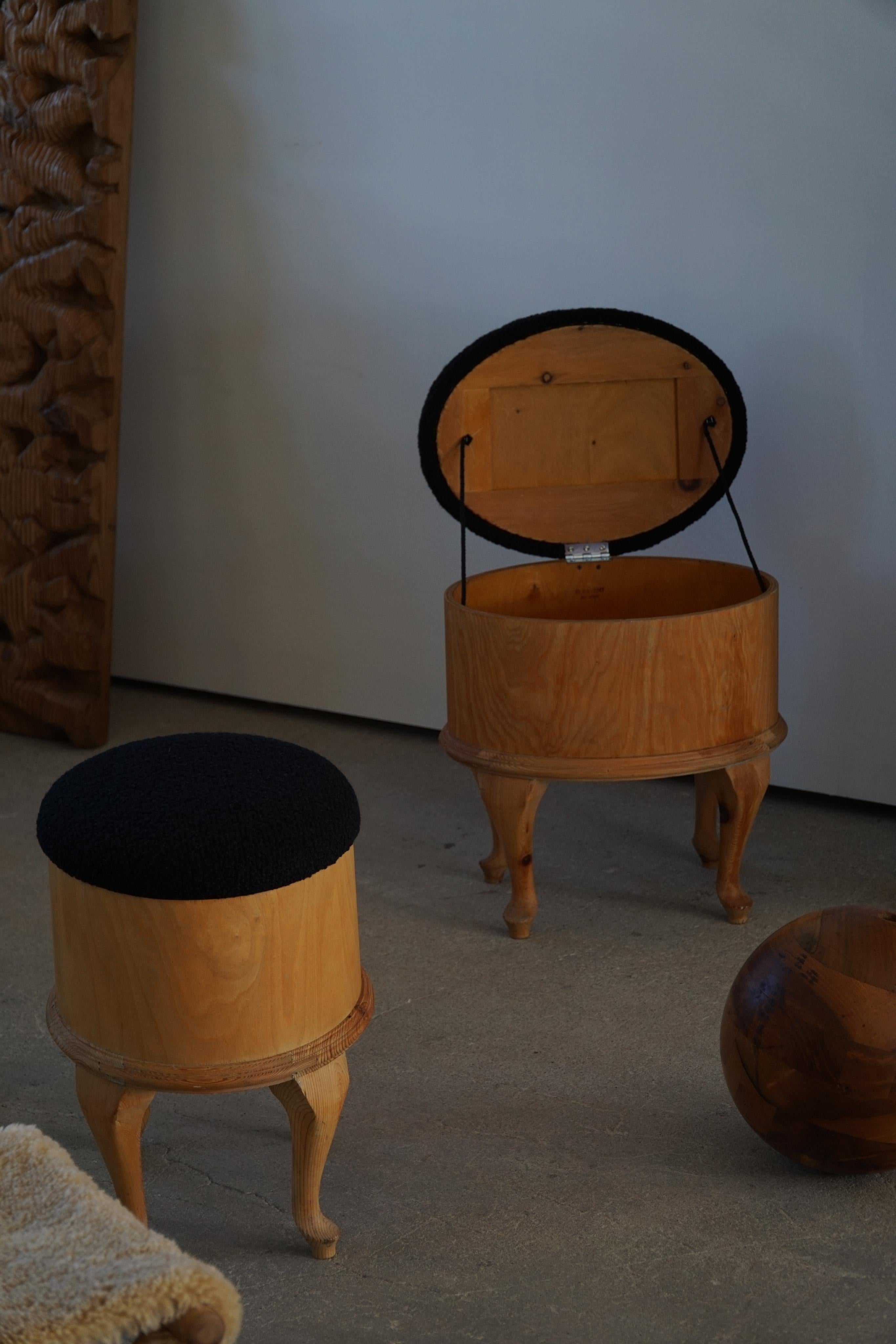 Art Deco Pair of Stools with Storage in Pine and Reupholstered in Bouclé, Danish Modern