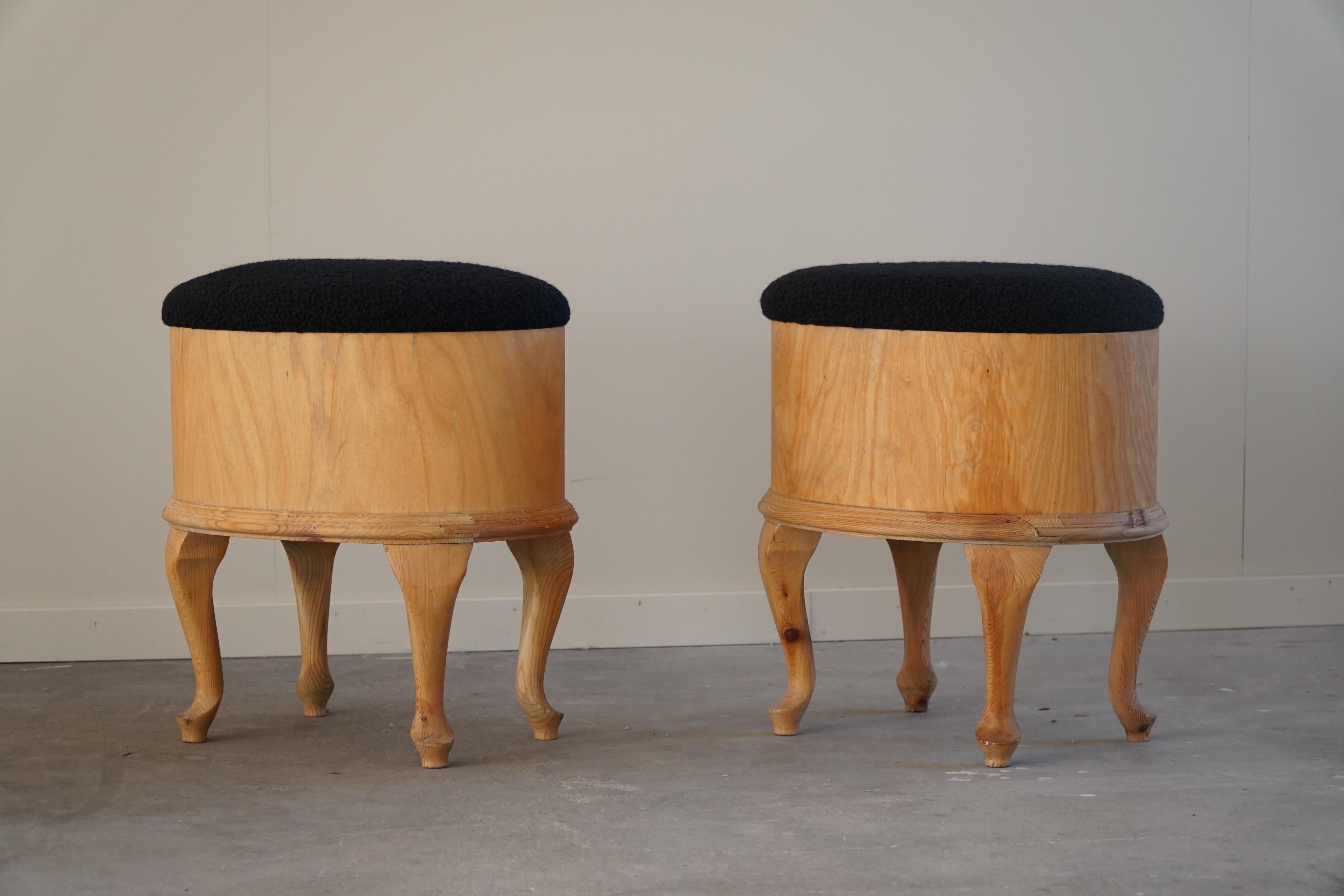 Pair of Stools with Storage in Pine and Reupholstered in Bouclé, Danish Modern 1