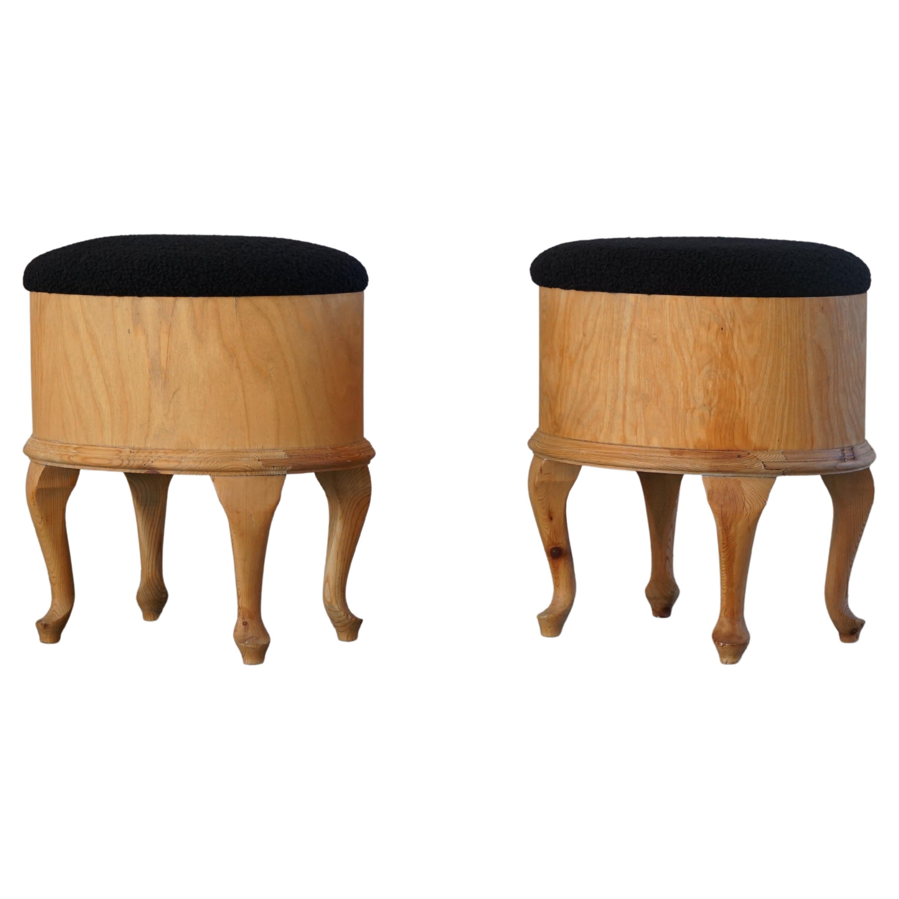Pair of Stools with Storage in Pine and Reupholstered in Bouclé, Danish Modern