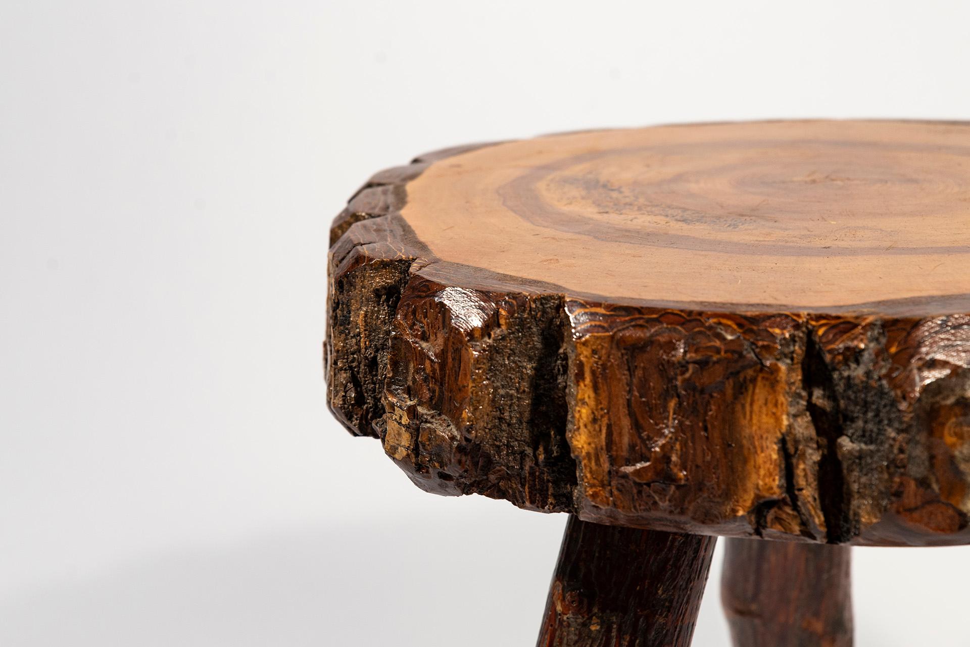 Pair of stools, 
wood, 
France, circa 1970. 
Measures: 1/ height 43 cm, diameter 40 cm.
2/ height 43 cm, diameter 39 cm.