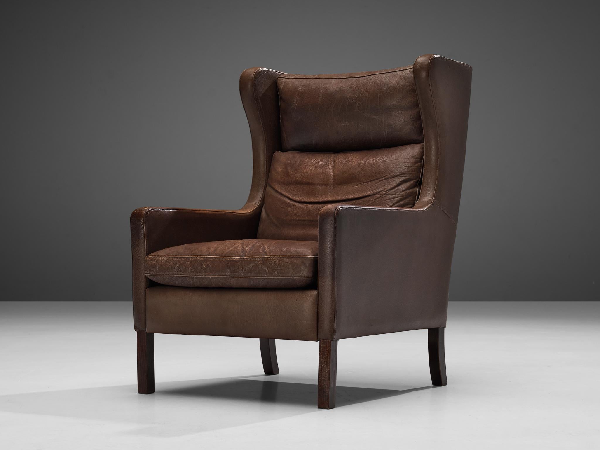 Danish Pair of Stouby Denmark Lounge Chairs in Dark Brown Leather