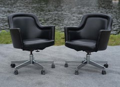 Pair of Stow Davis Black Leather & Chrome Rolling Swivel Desk or Office Chairs