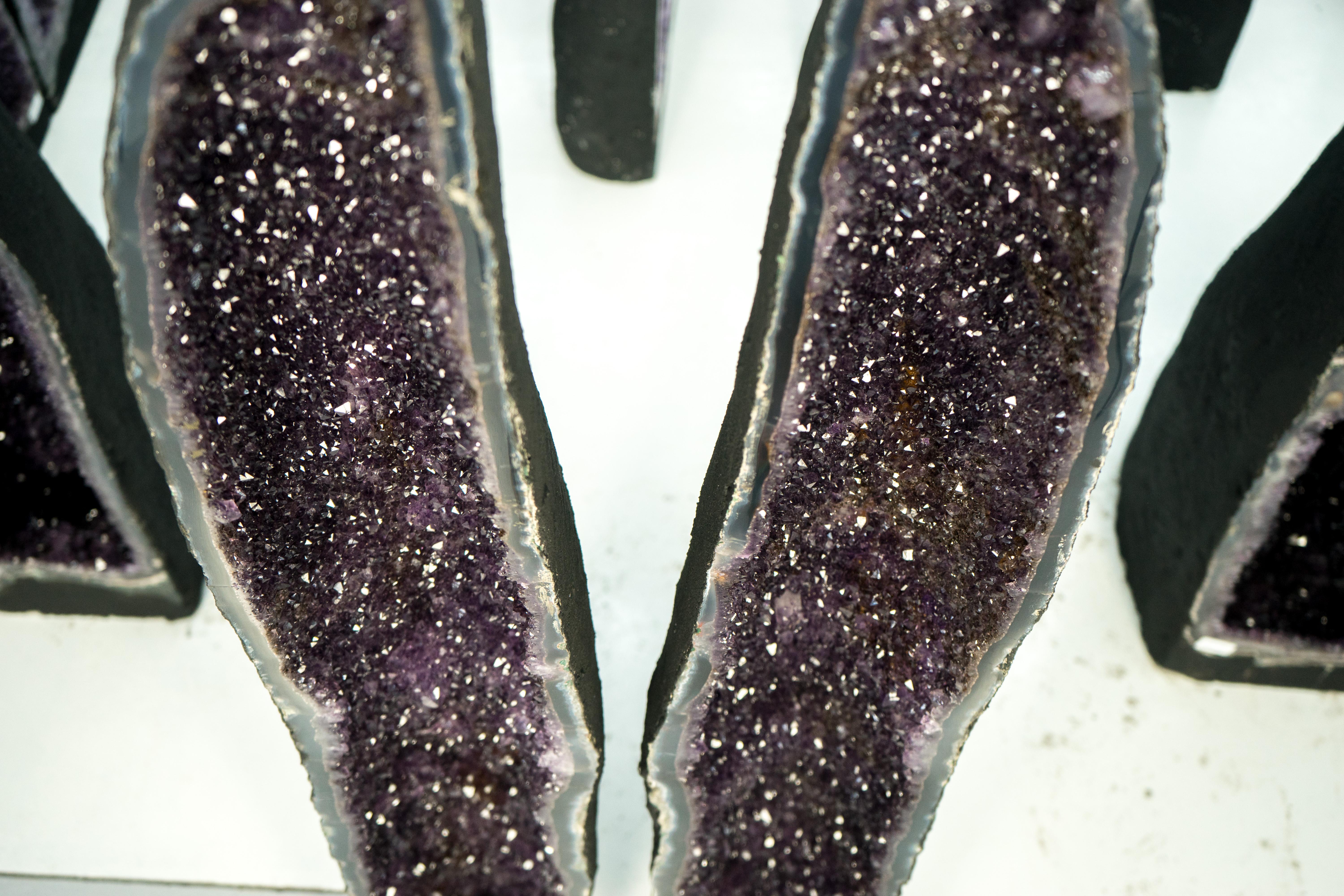 Contemporary Pair of Straight, X-Tall Amethyst Geodes with Sparkly Purple Amethyst and Agate For Sale
