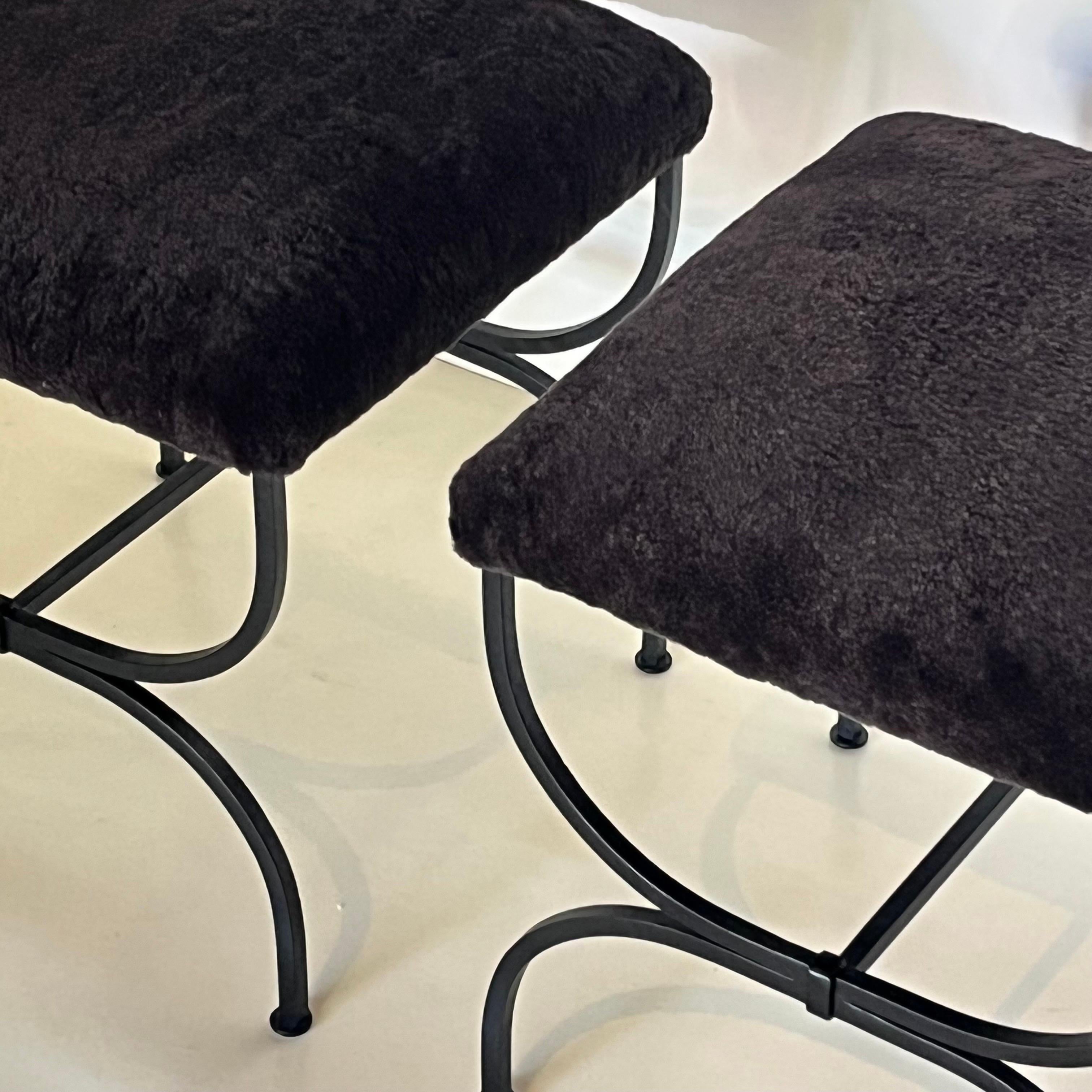 Art Deco Pair of 'Strapontin' dark gray shearling stools by Design Frères For Sale