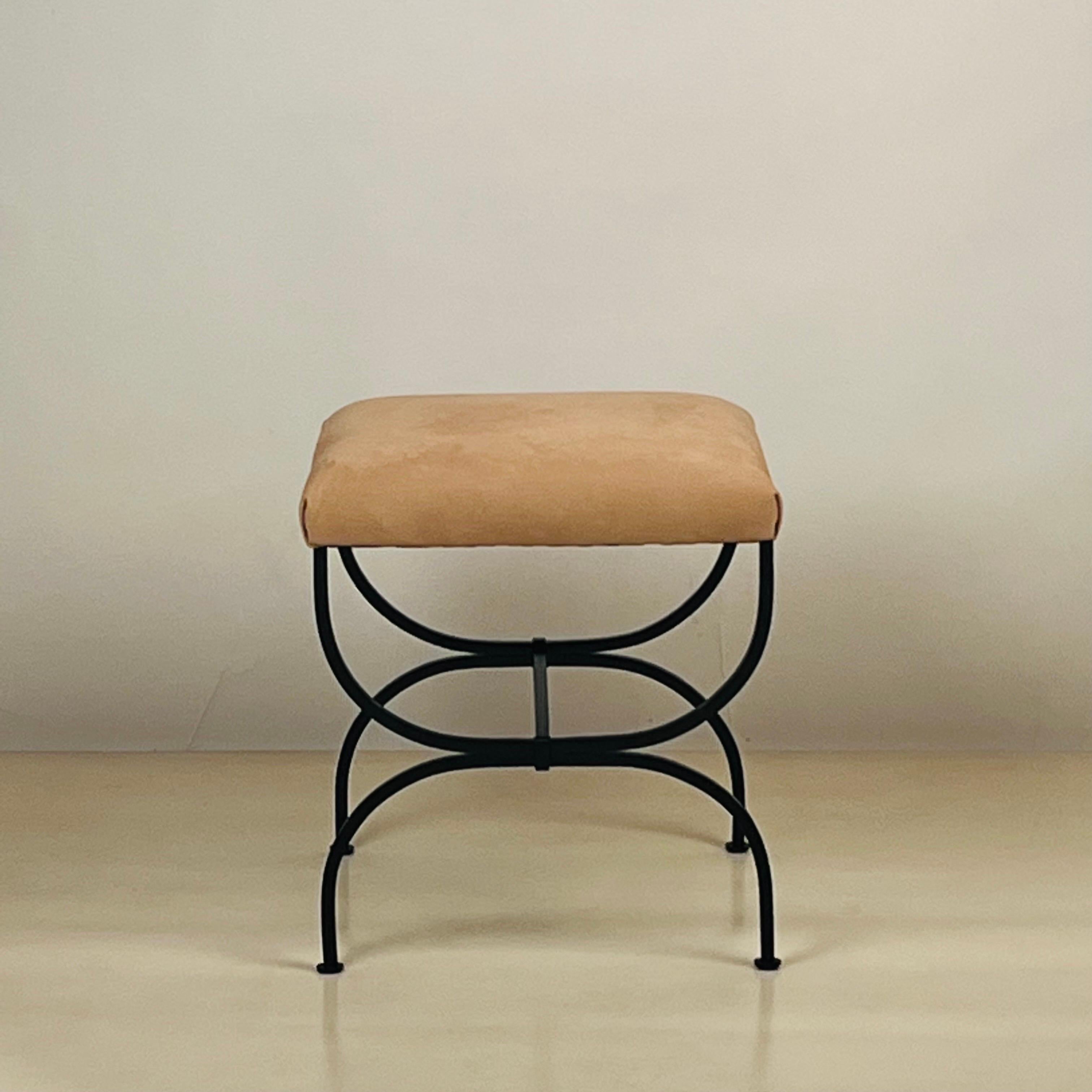 Art Deco Pair of 'Strapontin' Stools in Cognac Nubuck Leather by Design Frères For Sale