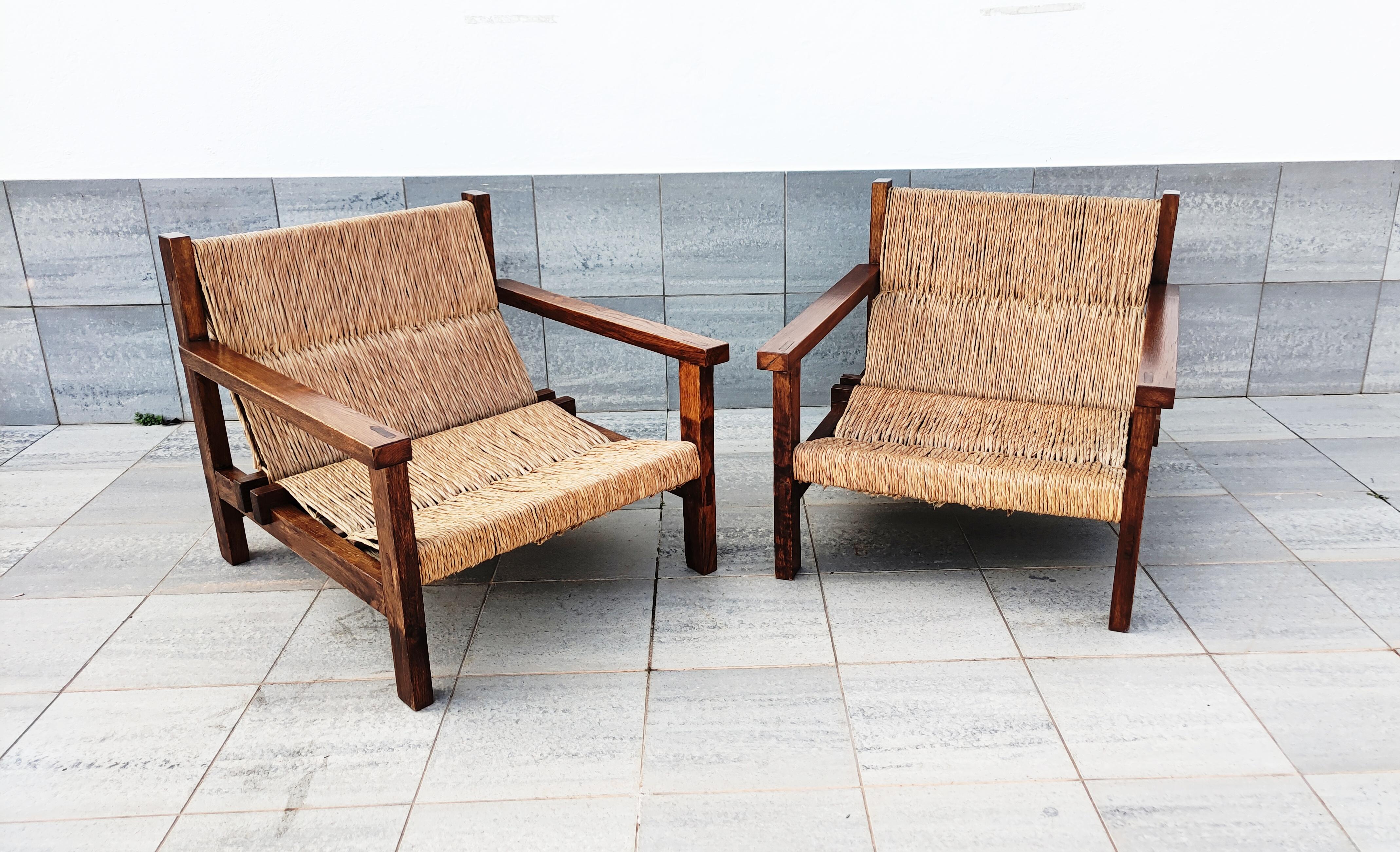 Pair of Straw and Oak Low Armchairs, Spain, 1950s 5