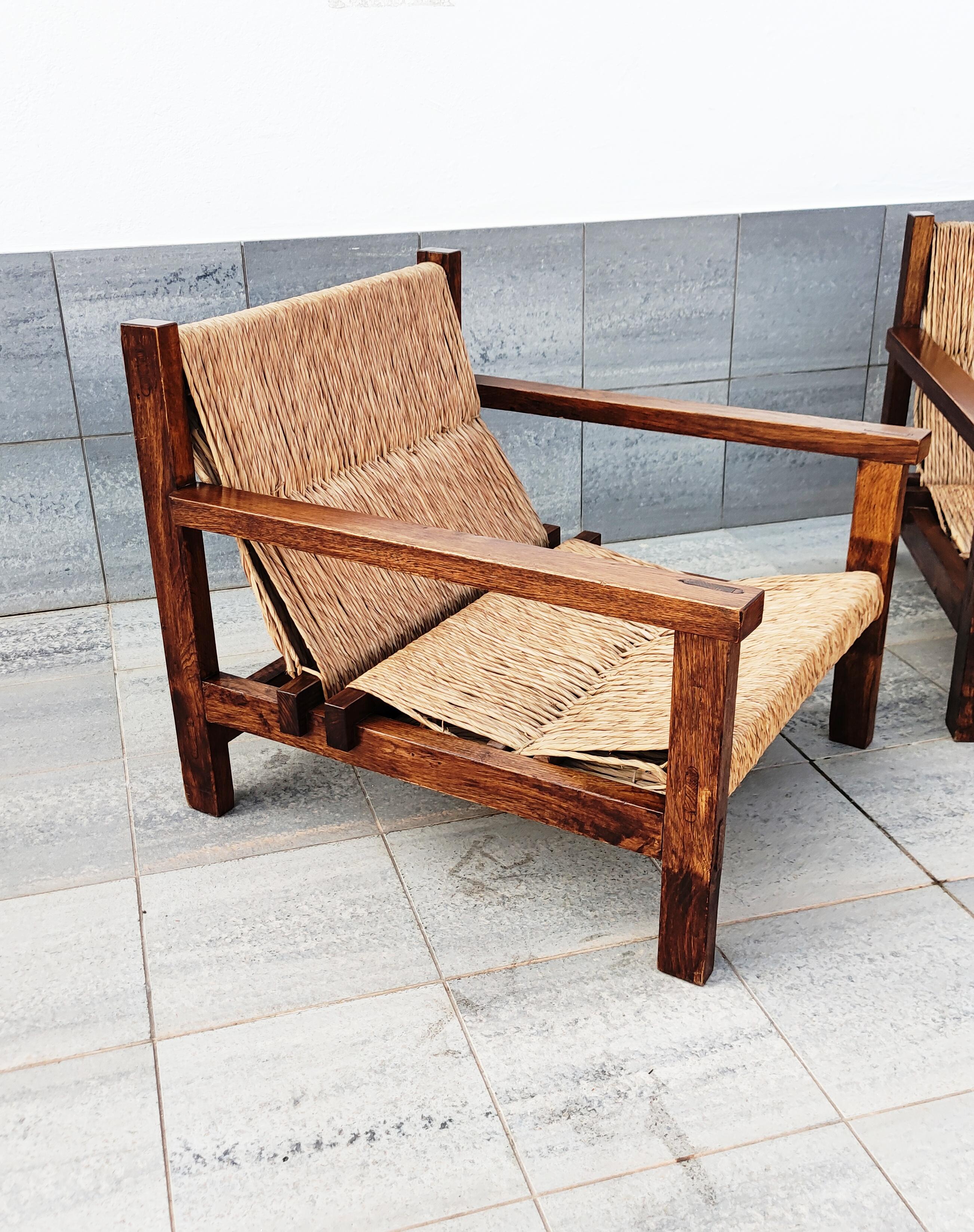 Pair of Straw and Oak Low Armchairs, Spain, 1950s 6