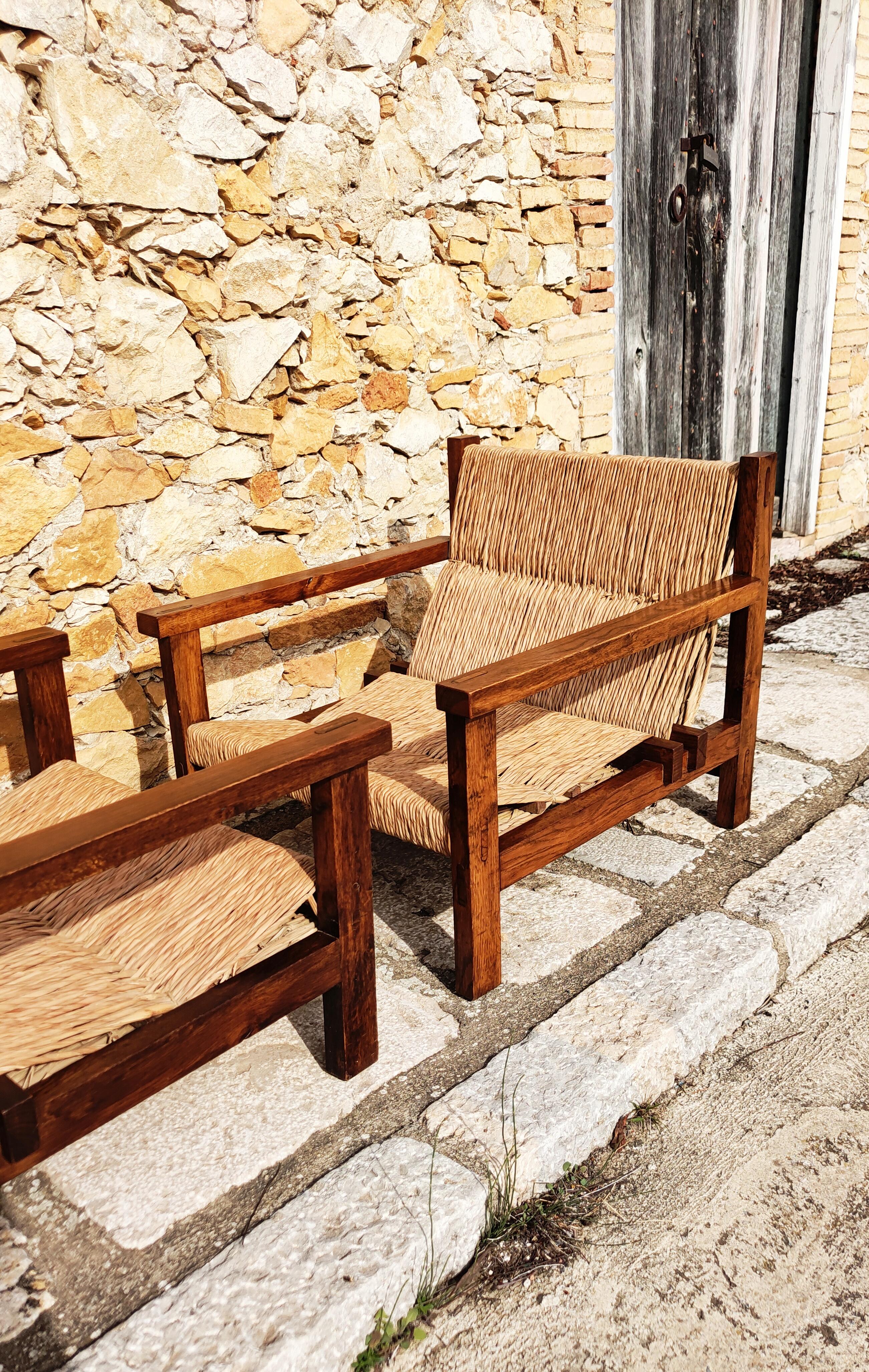 Pair of Straw and Oak Low Armchairs, Spain, 1950s 9