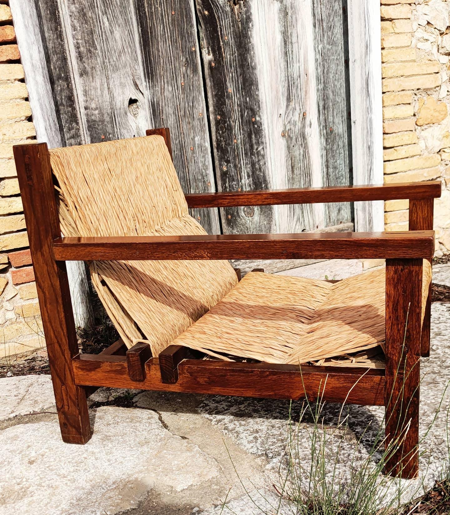 Spanish Pair of Straw and Oak Low Armchairs, Spain, 1950s