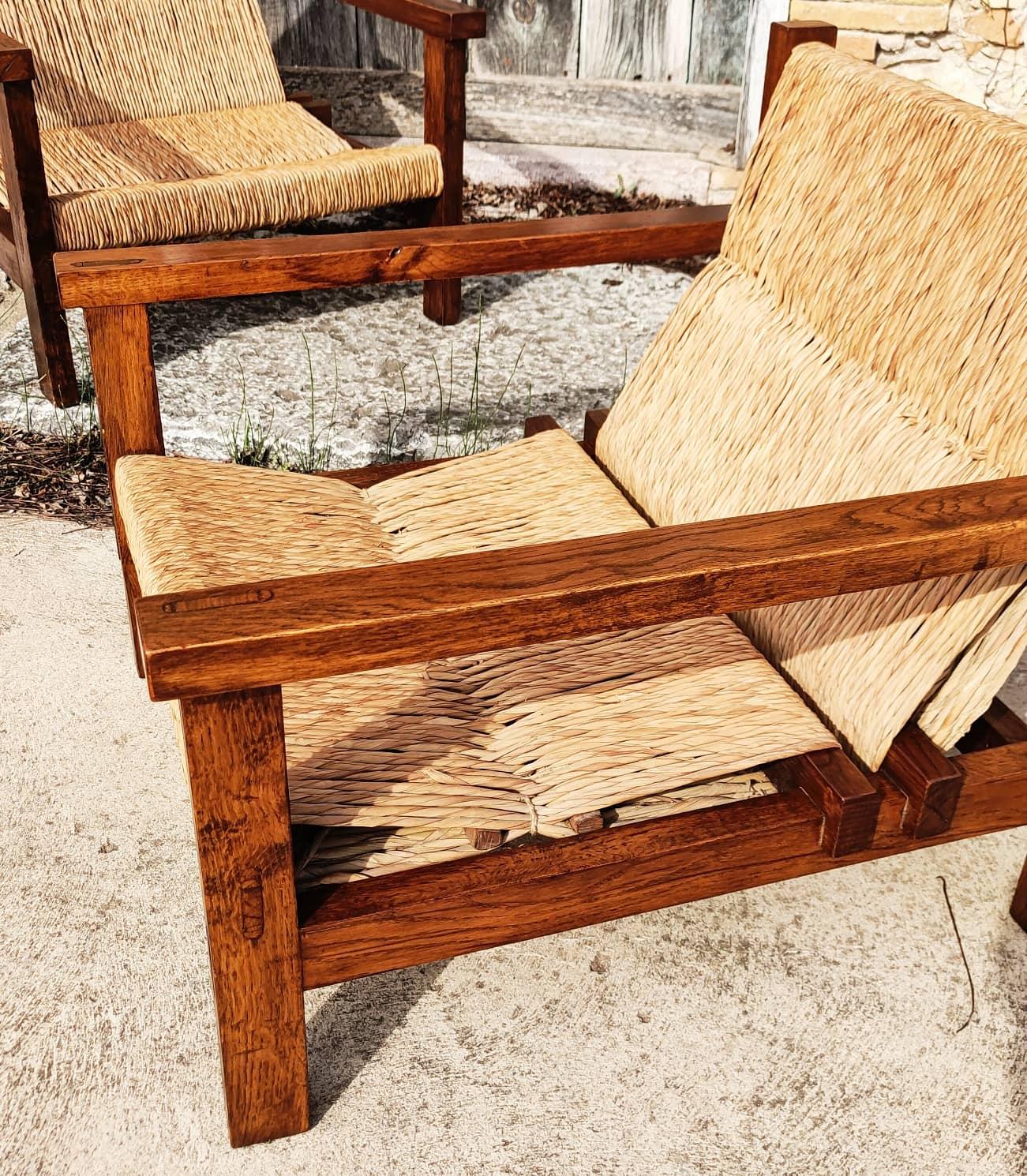 Pair of Straw and Oak Low Armchairs, Spain, 1950s 1