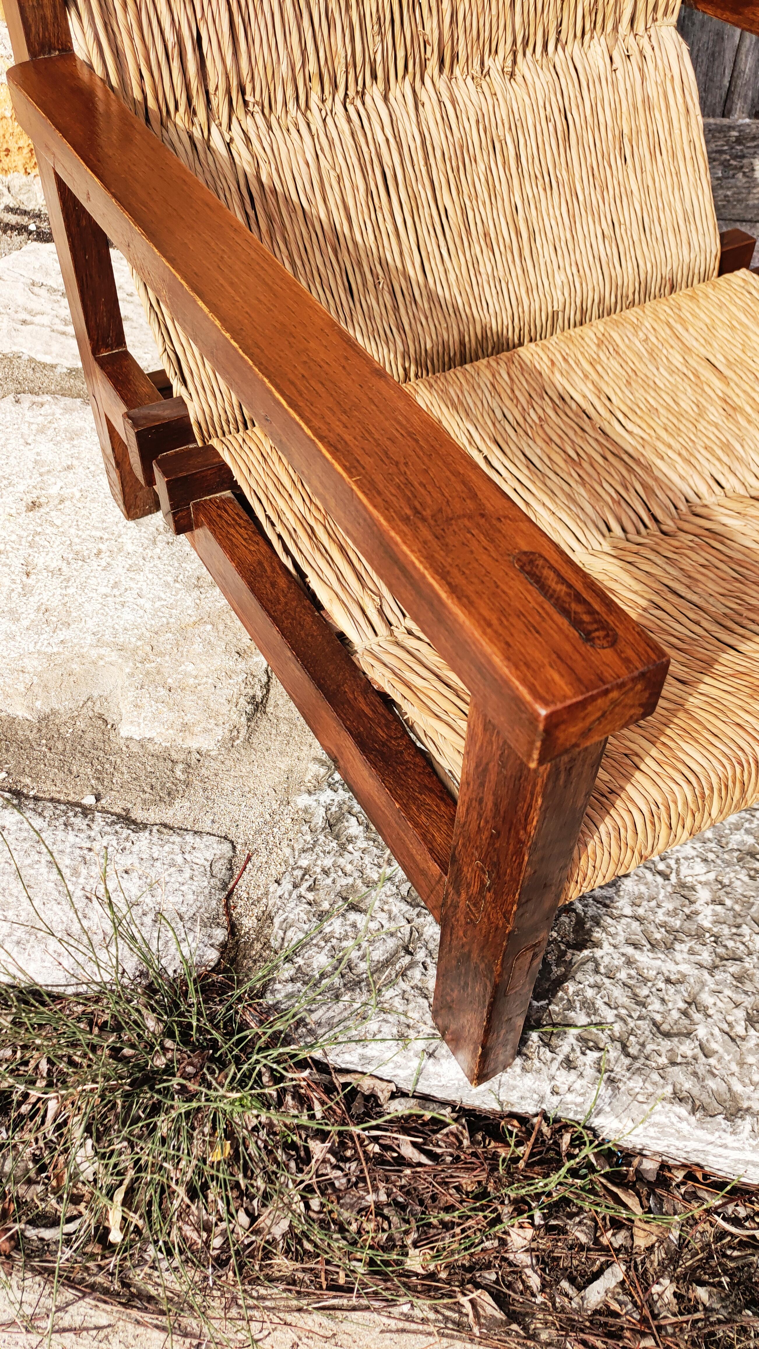 Pair of Straw and Oak Low Armchairs, Spain, 1950s 2