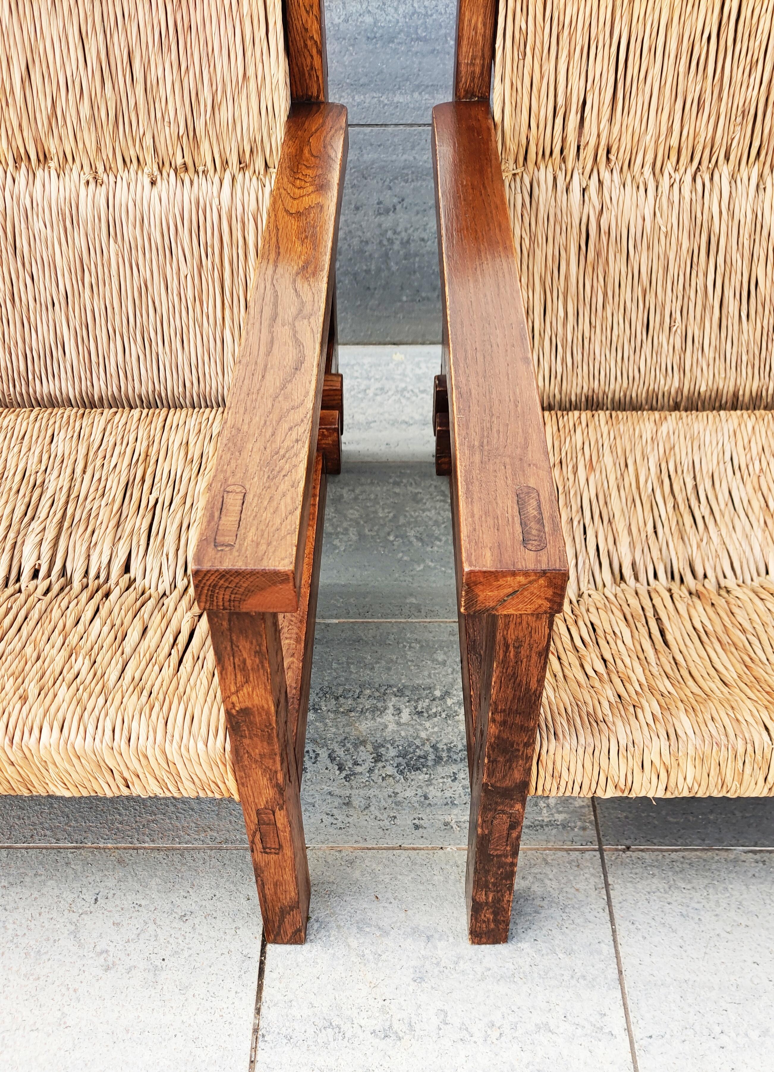 Pair of Straw and Oak Low Armchairs, Spain, 1950s 3