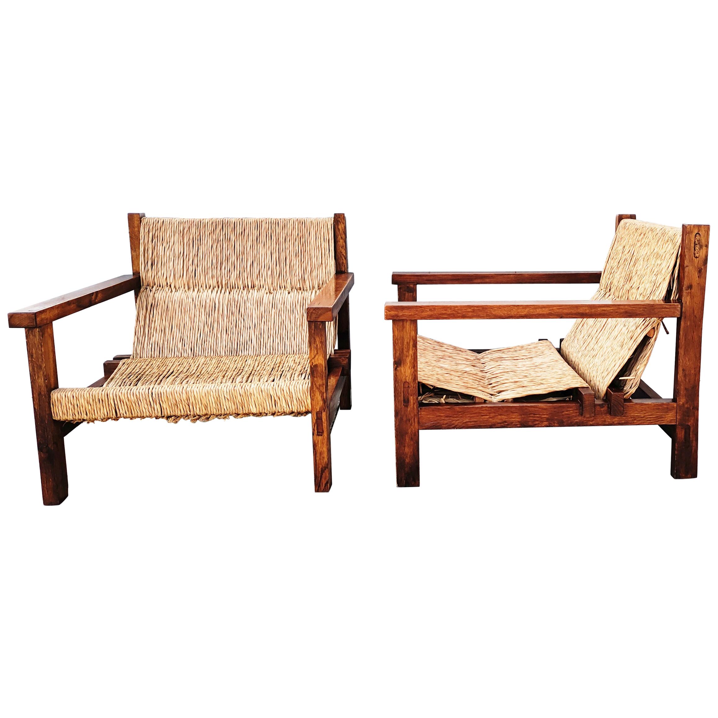 Pair of Straw and Oak Low Armchairs, Spain, 1950s