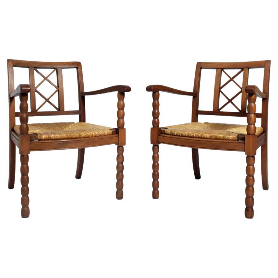 Pair of Straw and Wood Armchairs, 1950s
