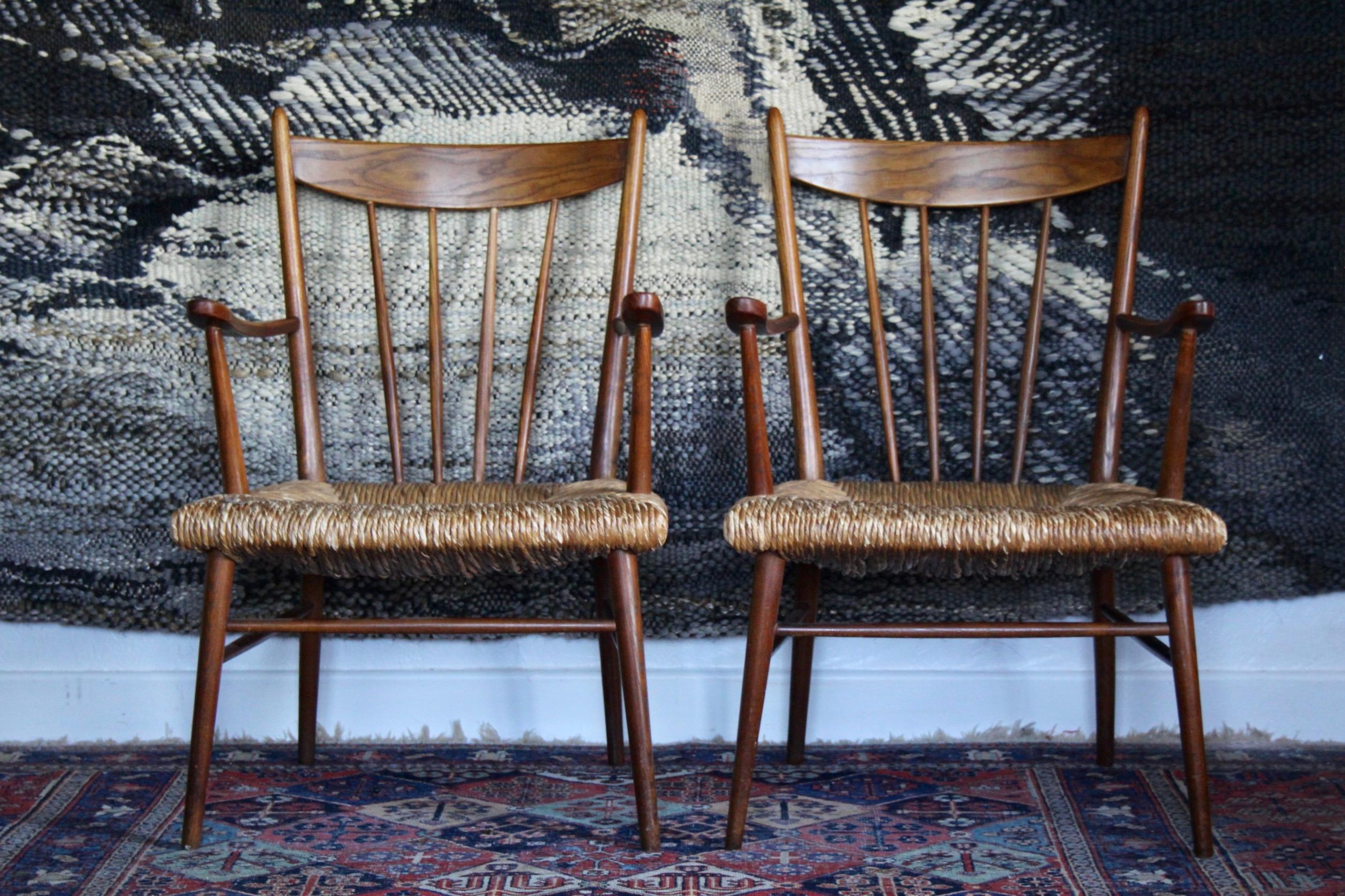 Straw Pair of straw and wood armchairs  For Sale