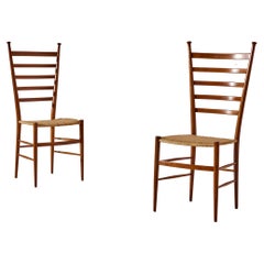 Pair of Straw & Beech '5 Stecche' High Back Chairs Made in Chiavari Italy 1950s