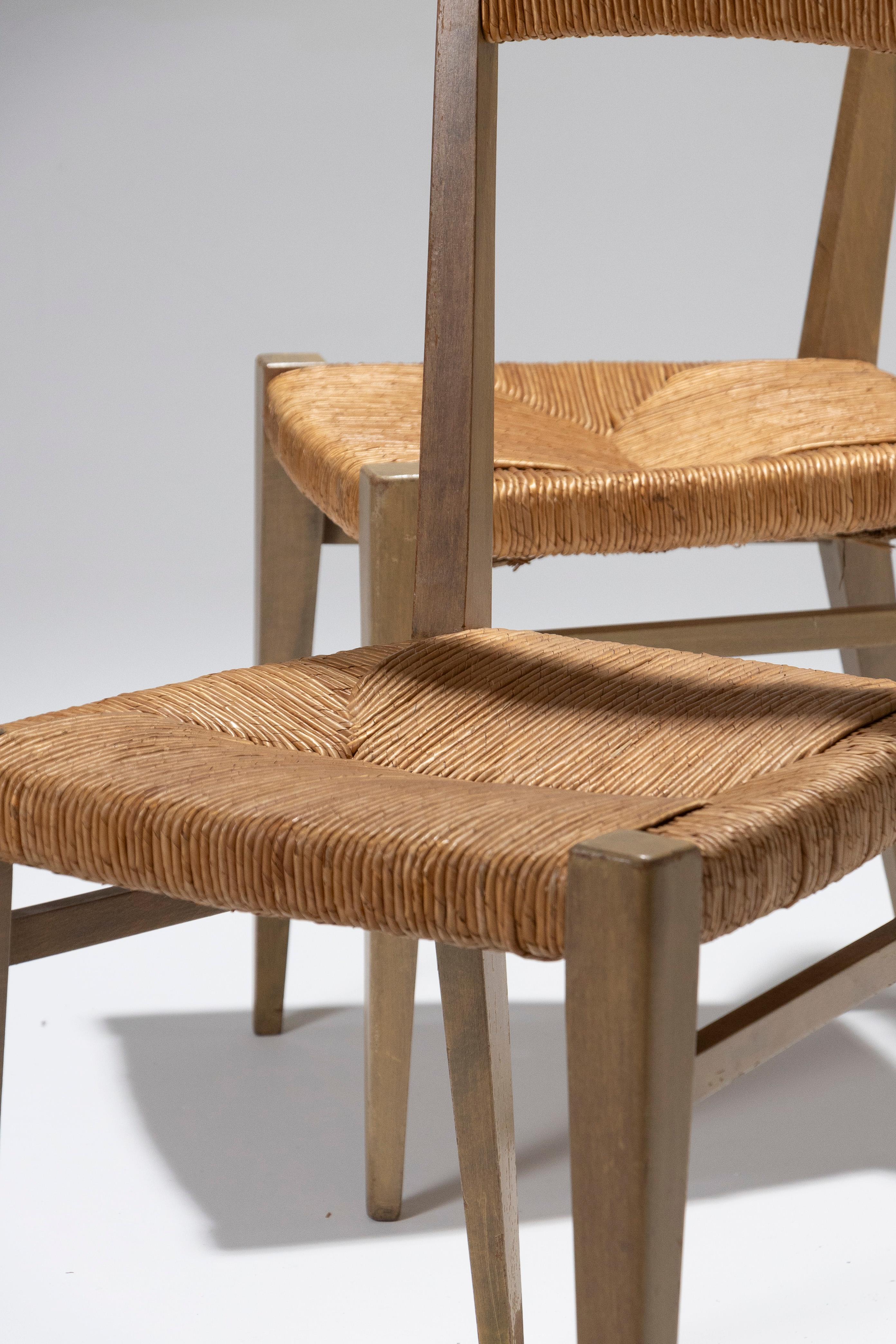 Scandinavian Modern Pair of Straw Chairs by Geneviève Pons, 1950s For Sale