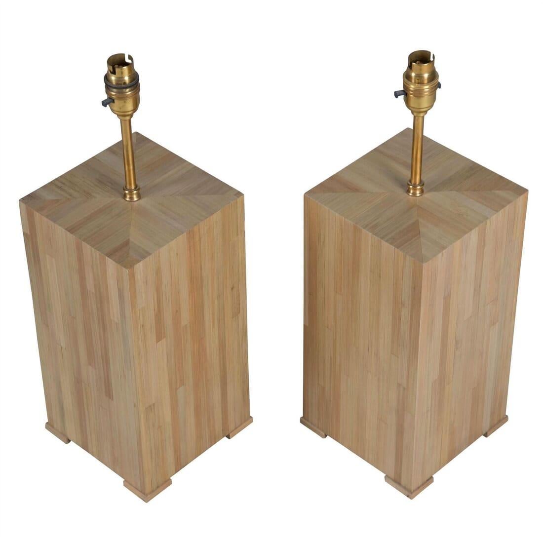 Pair of contemporary table lamps veneered in flattened straw in the manner of Jean-Michel Frank.