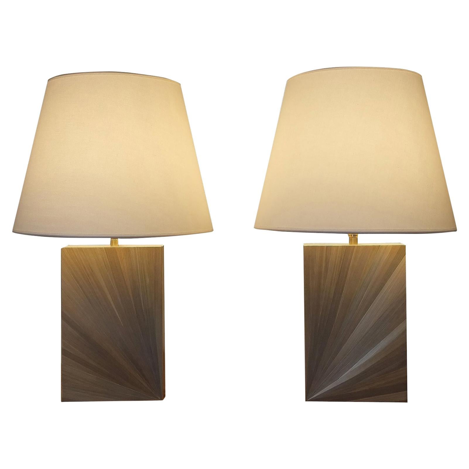 Pair of Straw Marquetry Table Lamps, Art Deco Style For Sale