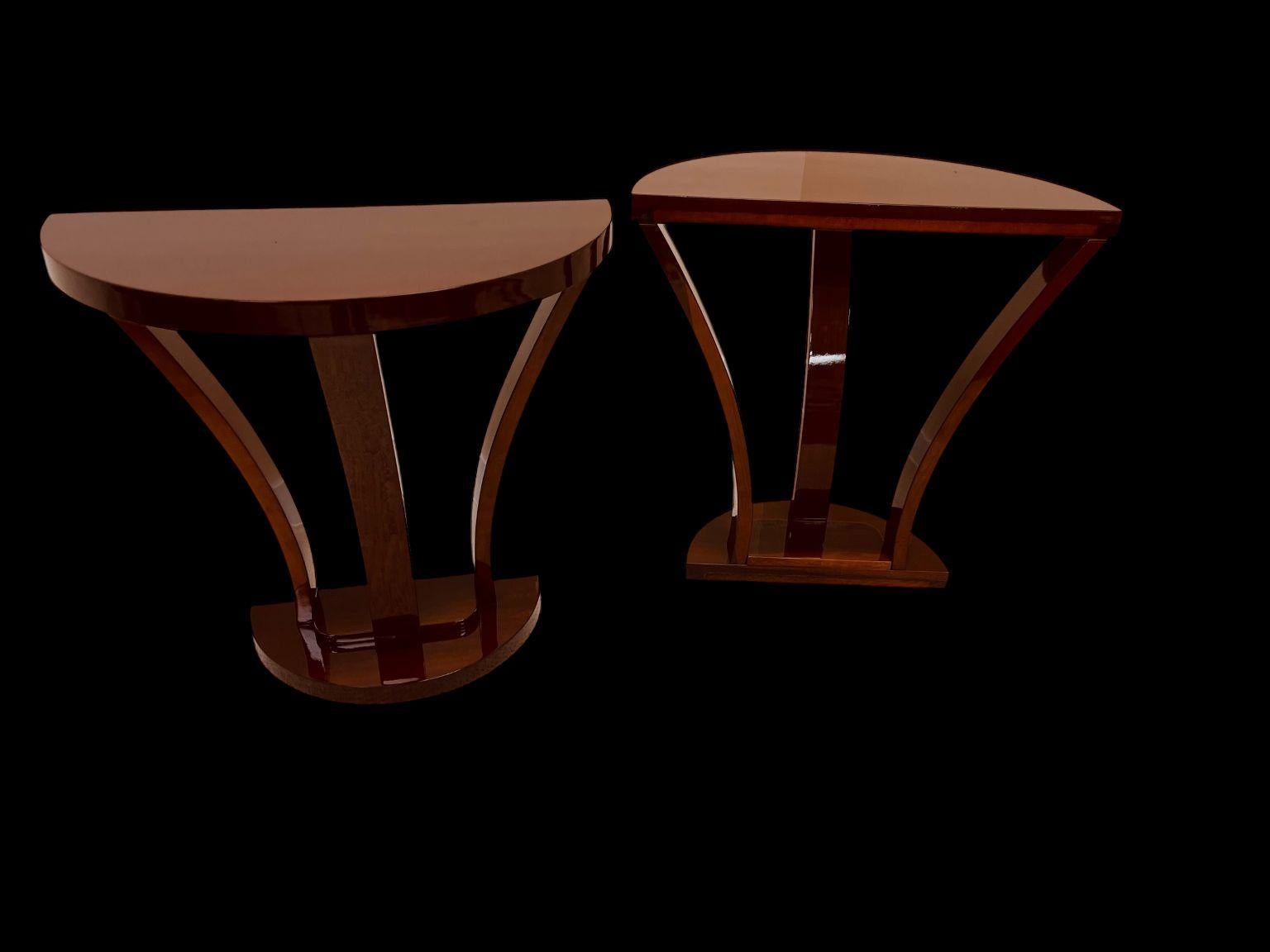 Streamlined Moderne Pair Of Streamline Art Deco Half Circle Console Tables American C.1930 For Sale