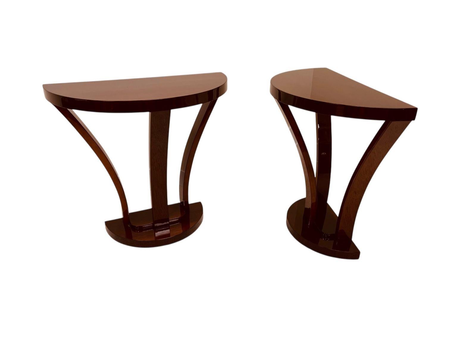 Veneer Pair Of Streamline Art Deco Half Circle Console Tables American C.1930 For Sale