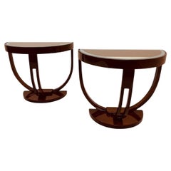 Pareja De Mesas Auxiliares Art Decó Streamline Half Circle Glass Top American C. 1930's