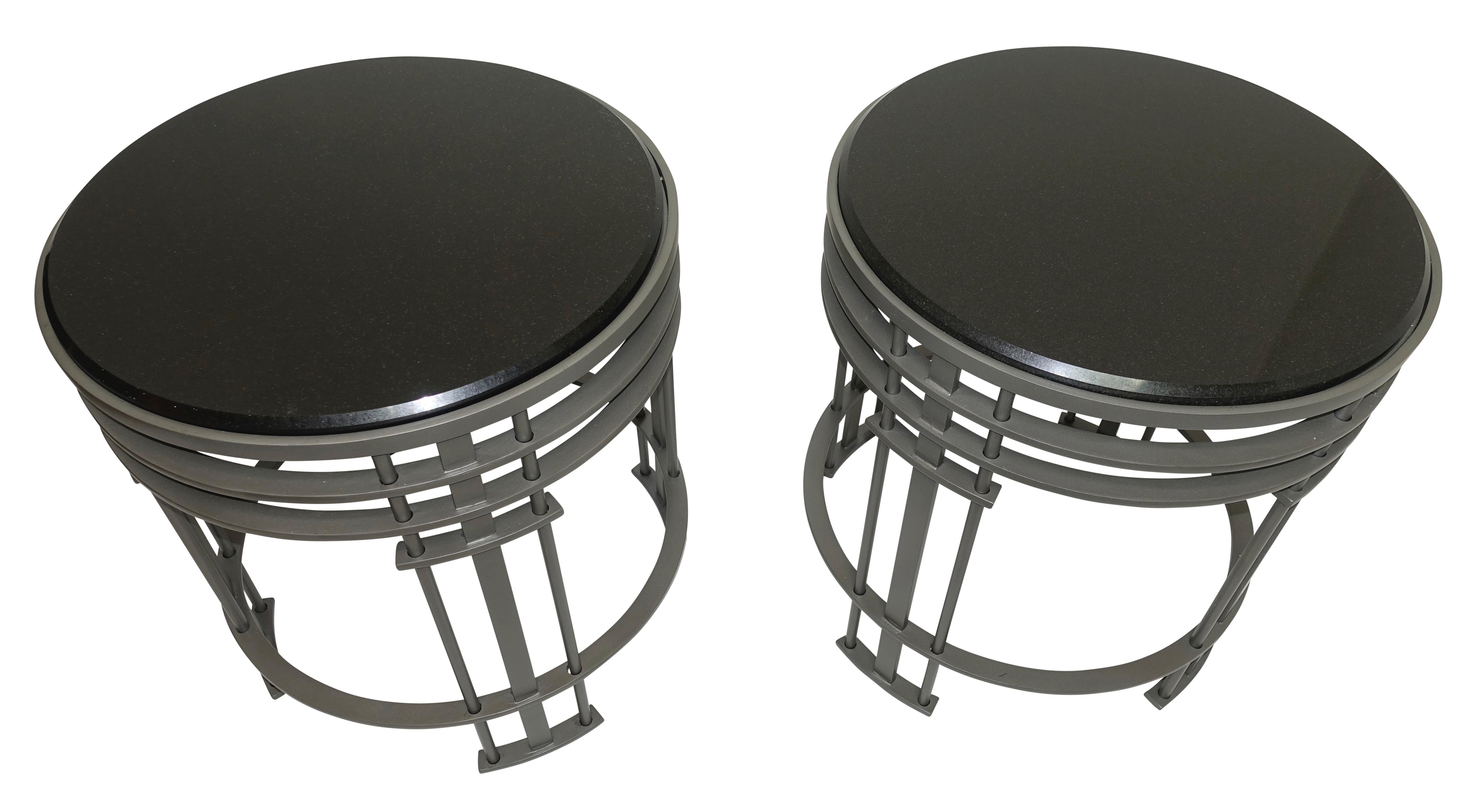 Mid-Century Modern Pair of Streamline Modern Round Side Tables with Black Granite Tops For Sale