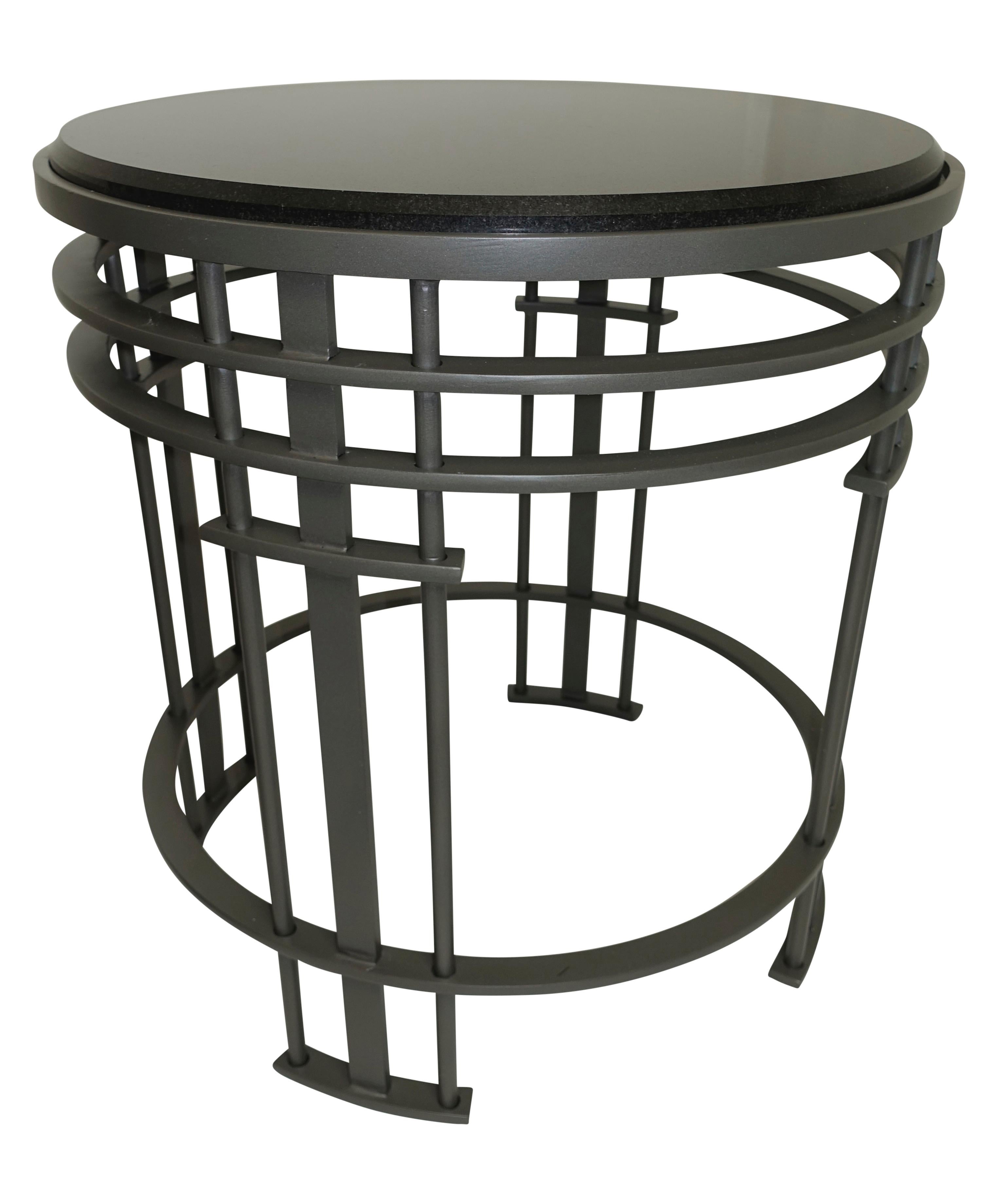 American Pair of Streamline Modern Round Side Tables with Black Granite Tops For Sale