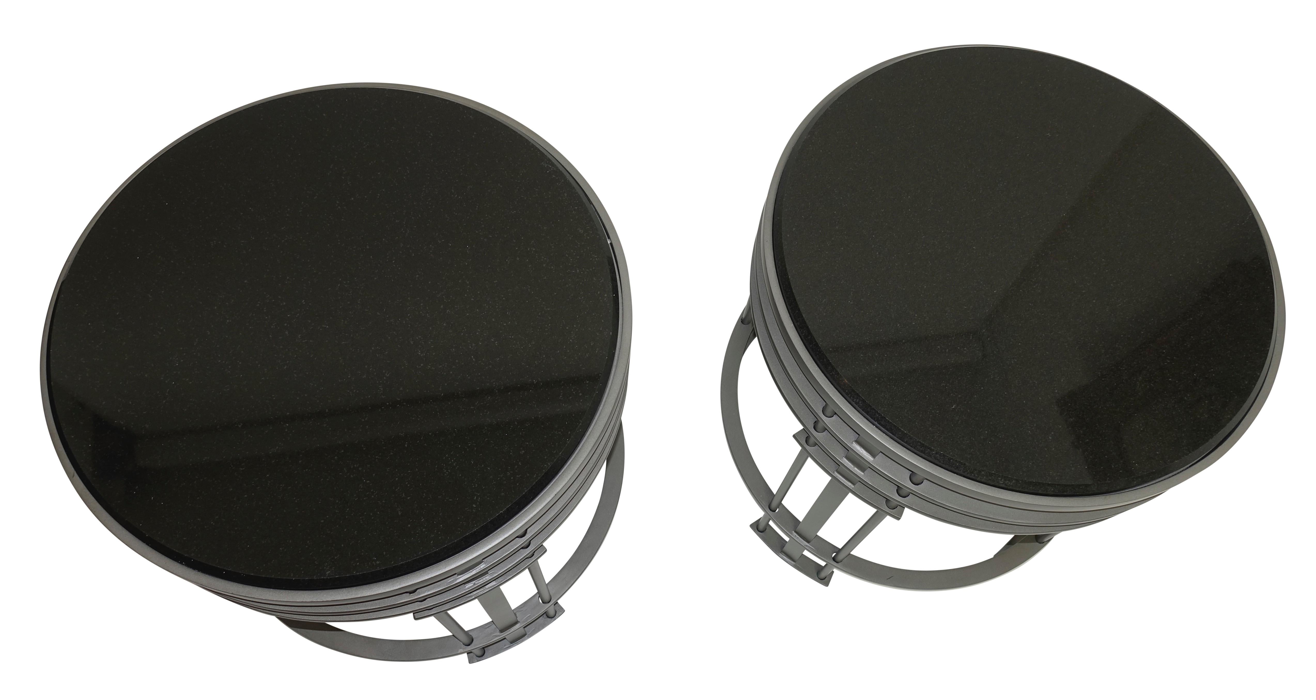 20th Century Pair of Streamline Modern Round Side Tables with Black Granite Tops For Sale