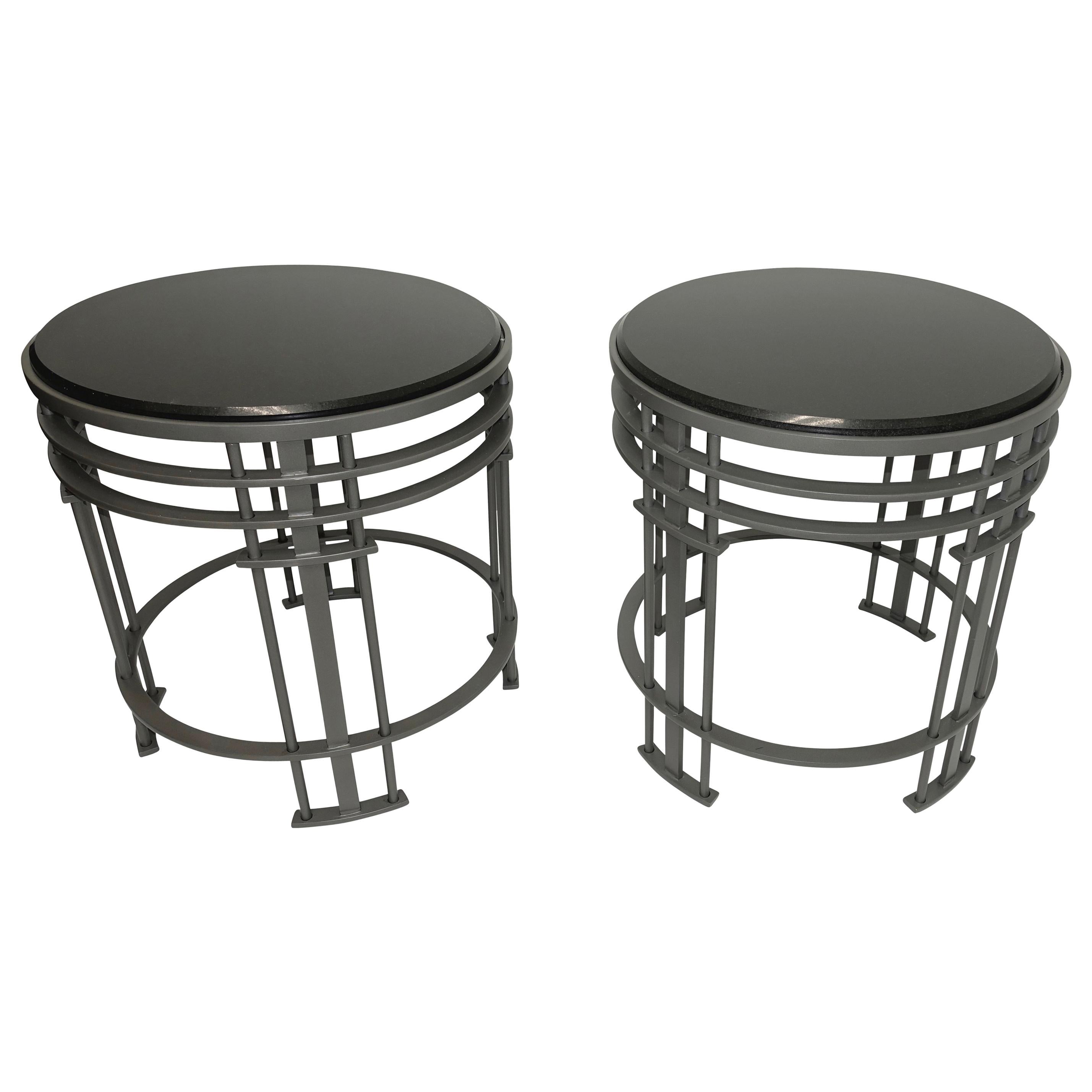 Pair of Streamline Modern Round Side Tables with Black Granite Tops
