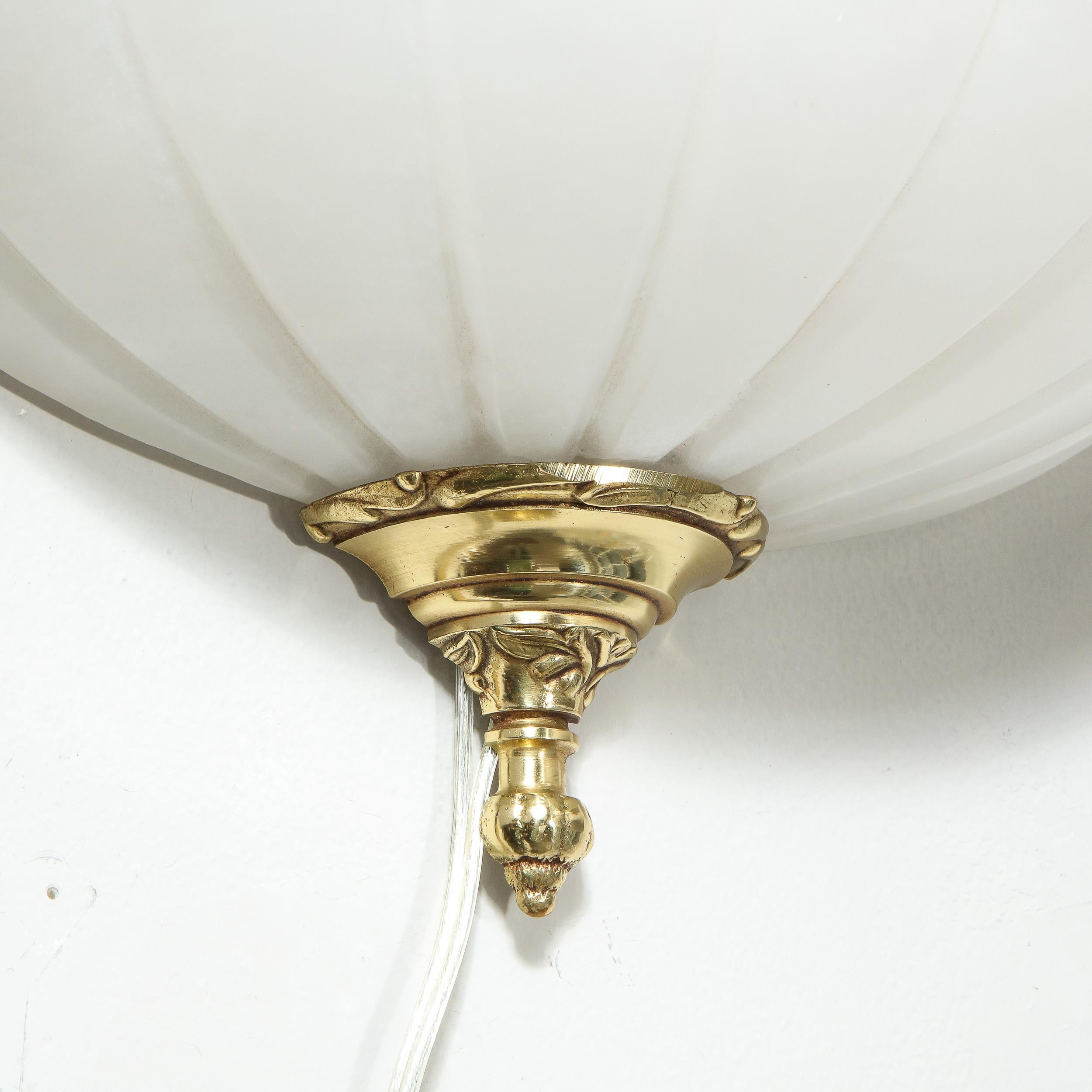 Pair of Striated Neoclassical Style Alabaster & Brass Sconces w/ Foliate Details For Sale 1