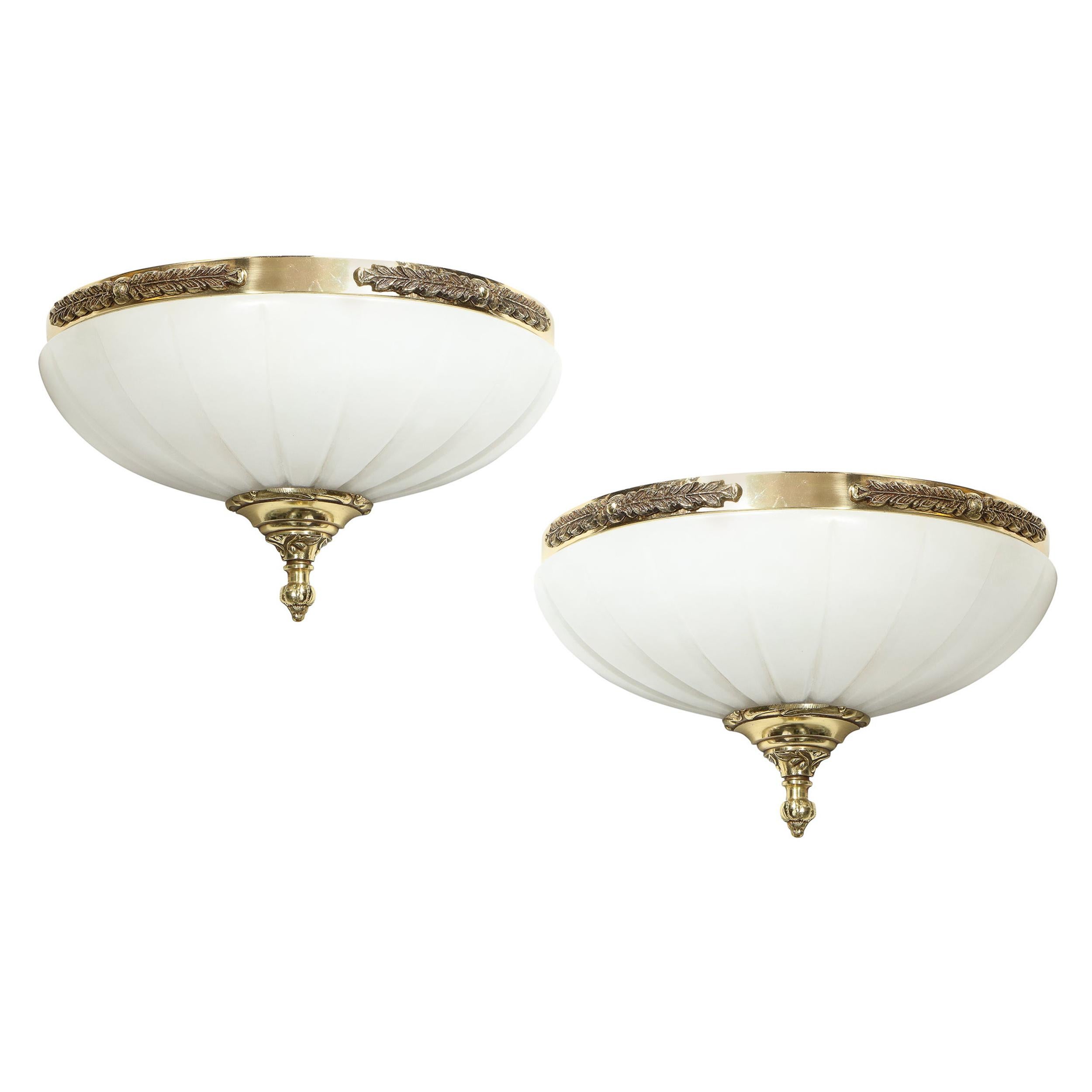 Pair of Striated Neoclassical Style Alabaster & Brass Sconces w/ Foliate Details For Sale