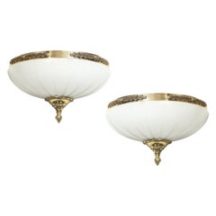Pair of Striated Neoclassical Style Alabaster & Brass Sconces w/ Foliate Details
