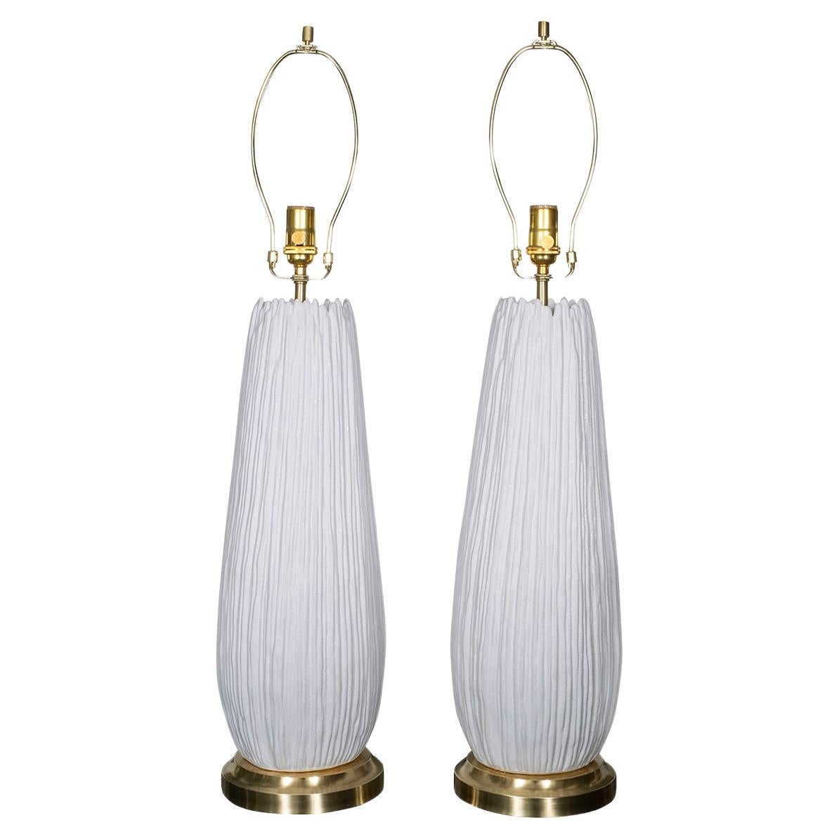 Pair of striated white ceramic table lamps