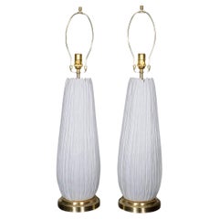 Pair of striated white ceramic table lamps