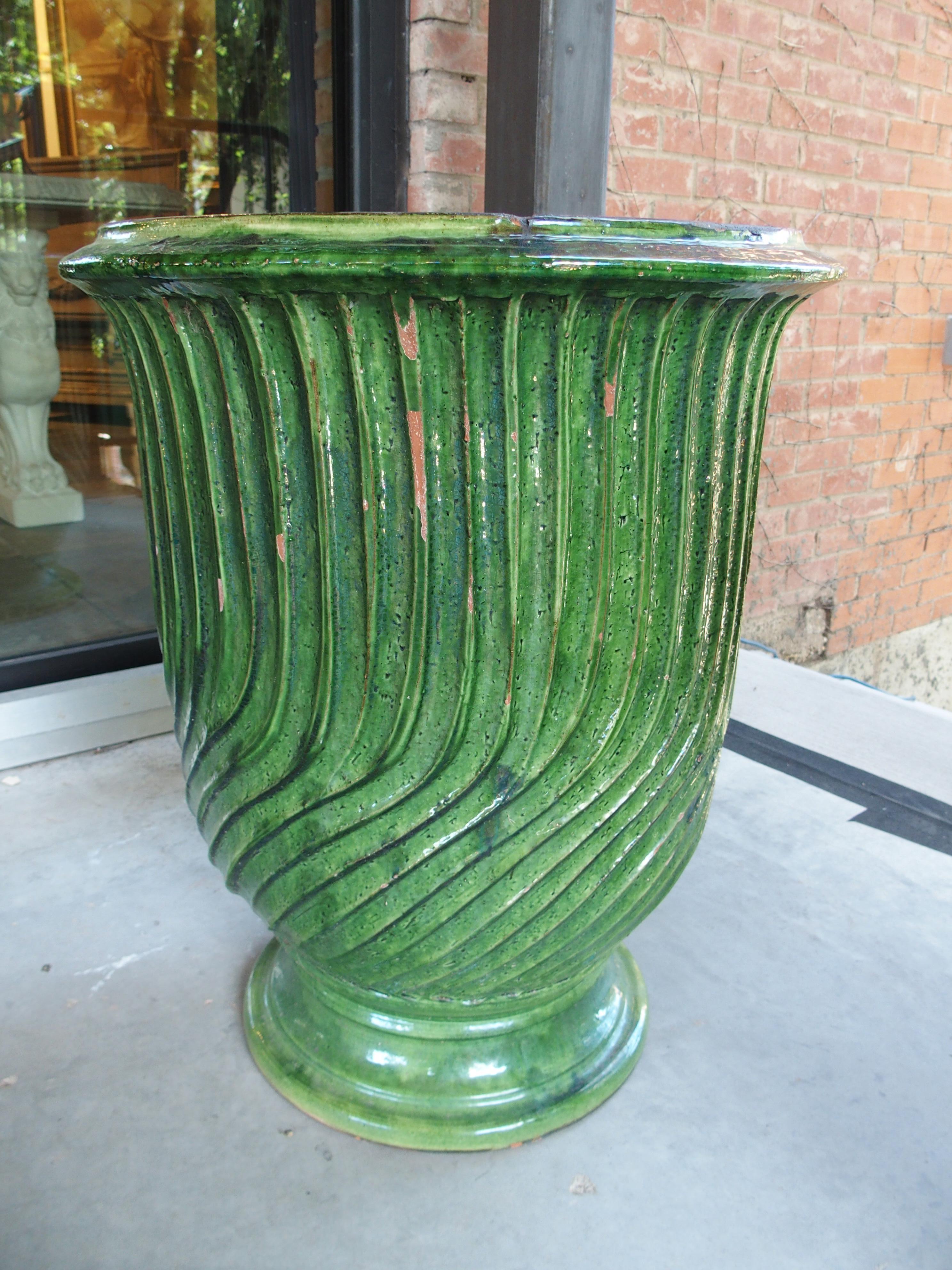 Pair of Striking French Green Striated Vintage Terra Cotta Anduze Pots, 1980s For Sale 4