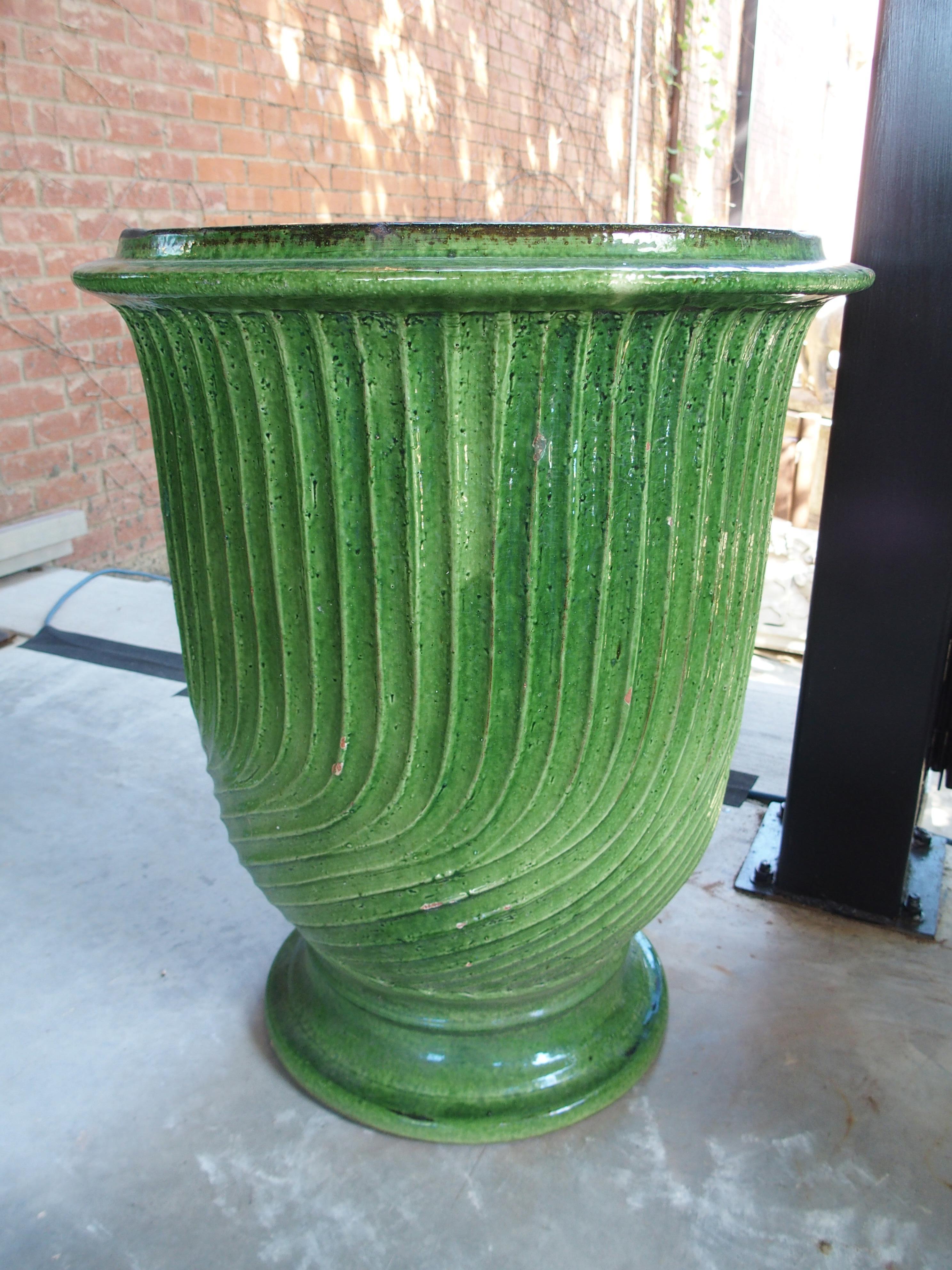 Pair of Striking French Green Striated Vintage Terra Cotta Anduze Pots, 1980s For Sale 5