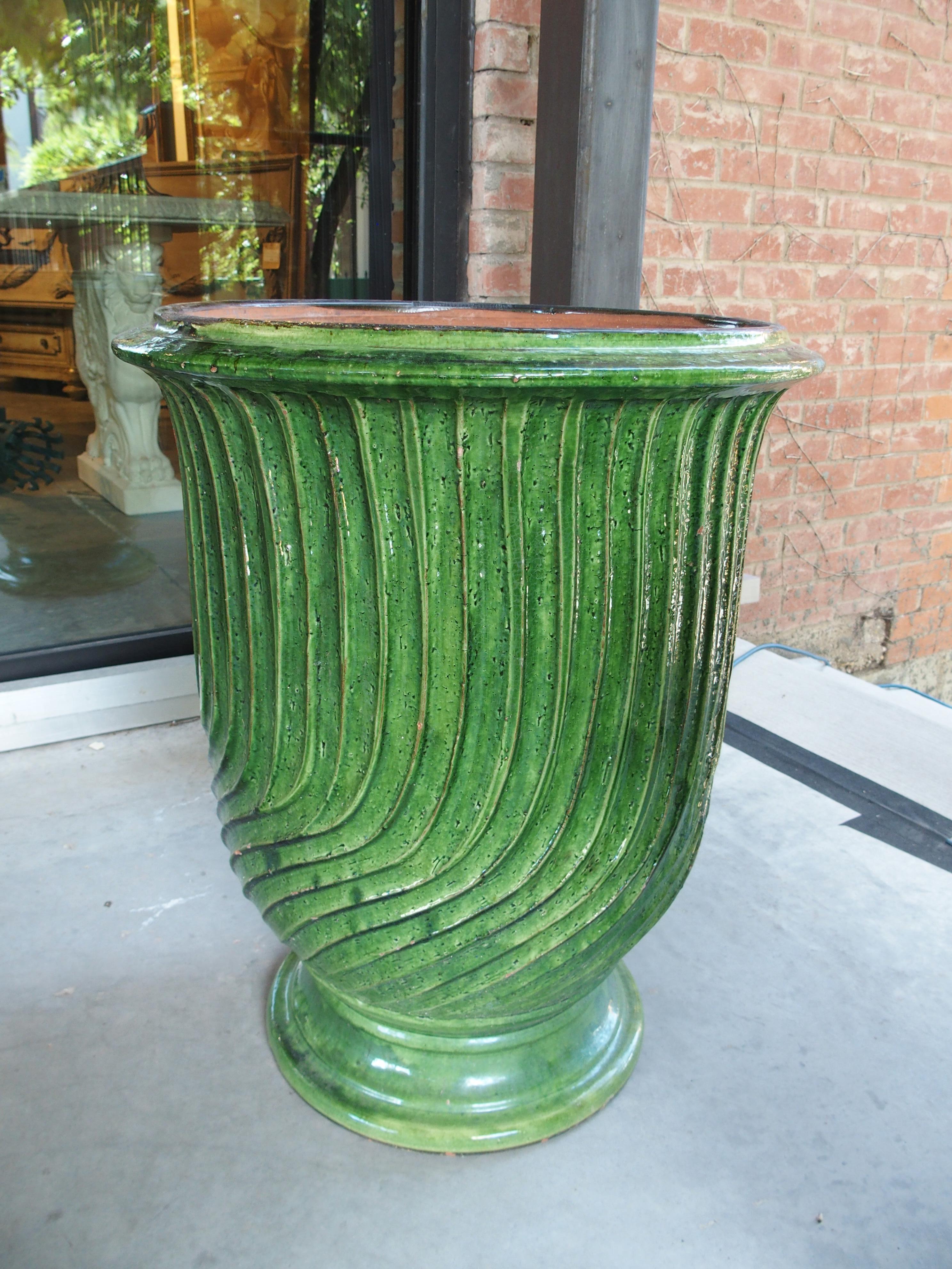Pair of Striking French Green Striated Vintage Terra Cotta Anduze Pots, 1980s For Sale 6