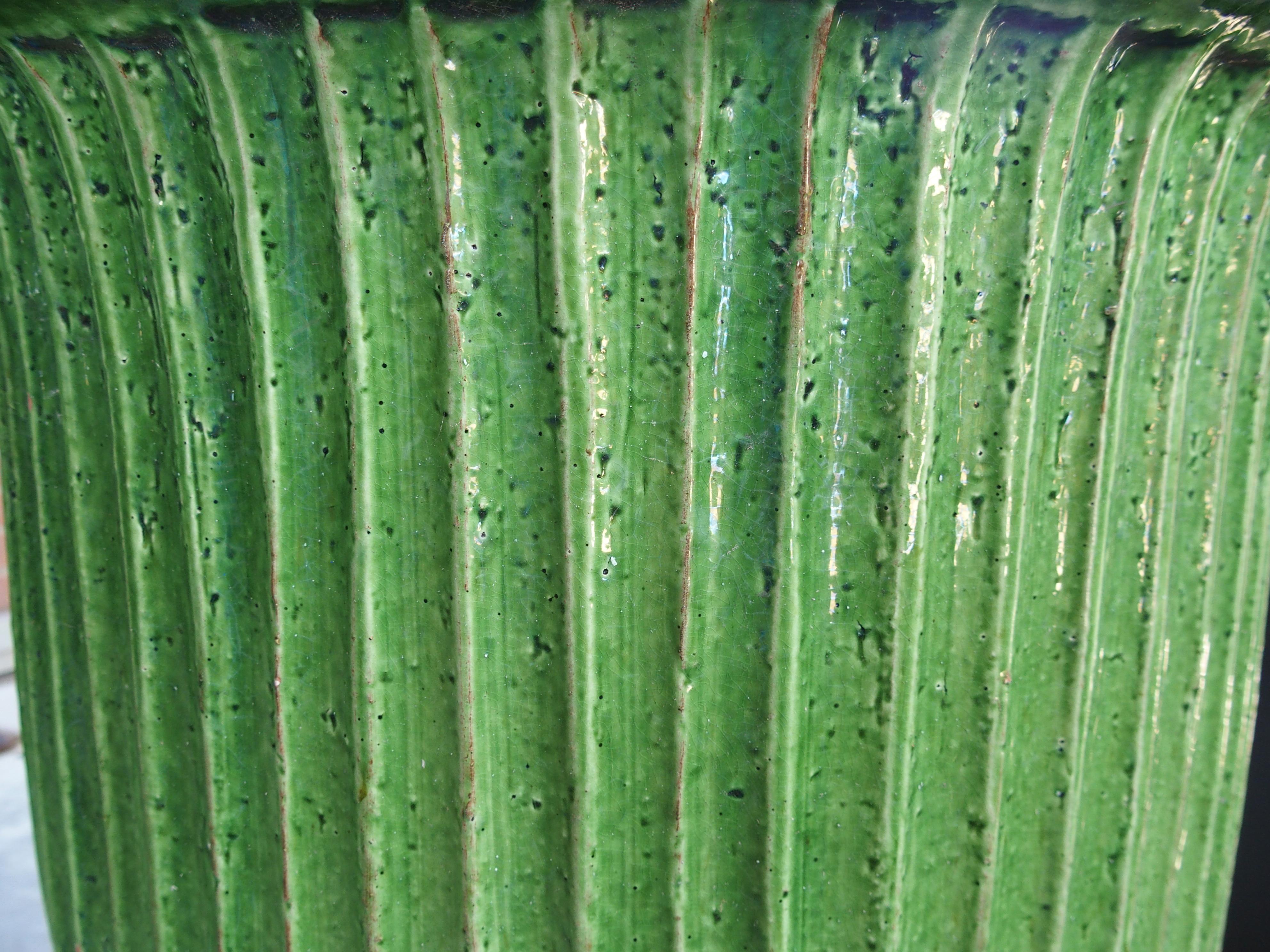 Pair of Striking French Green Striated Vintage Terra Cotta Anduze Pots, 1980s For Sale 7