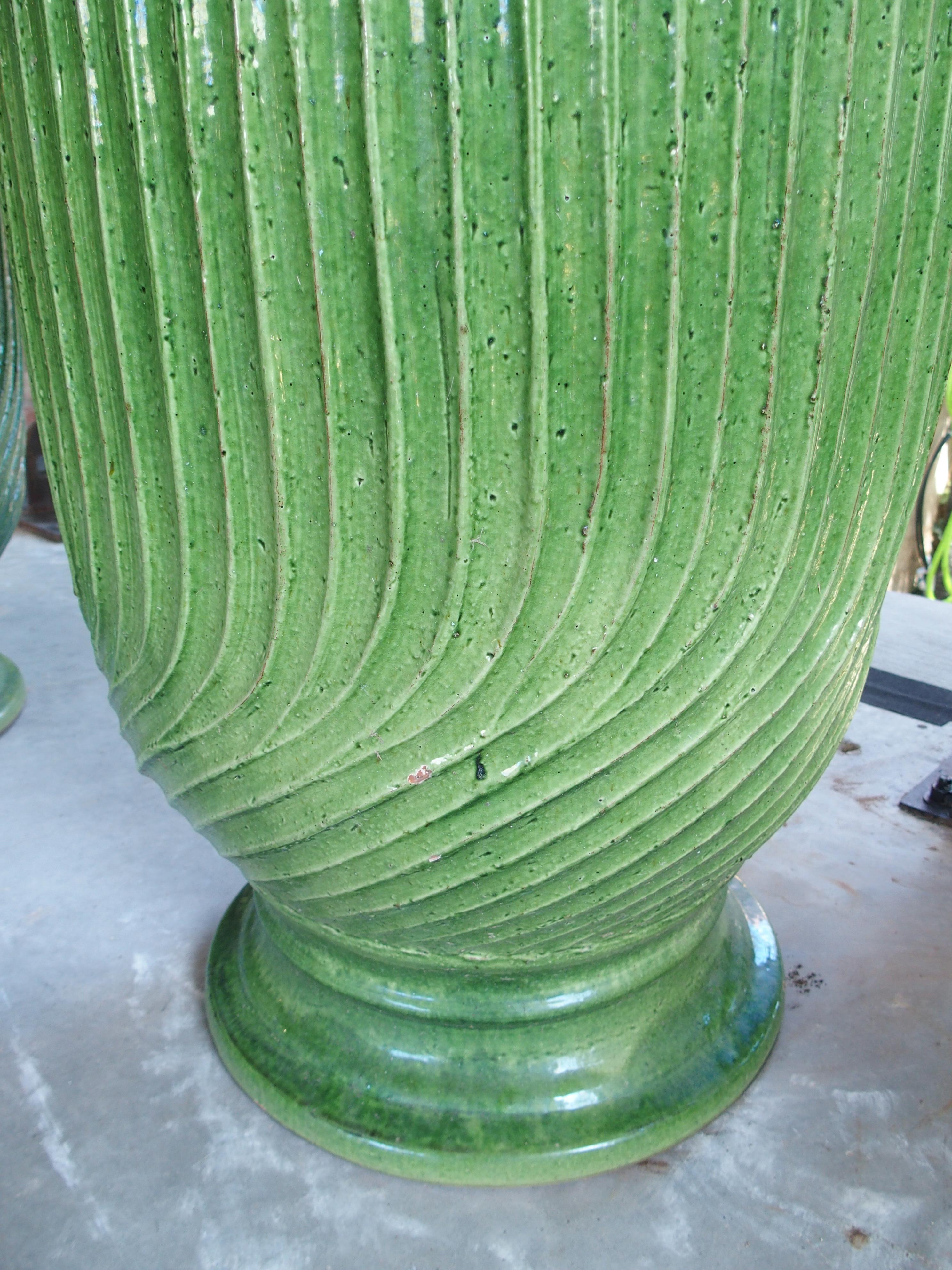 Pair of Striking French Green Striated Vintage Terra Cotta Anduze Pots, 1980s For Sale 8