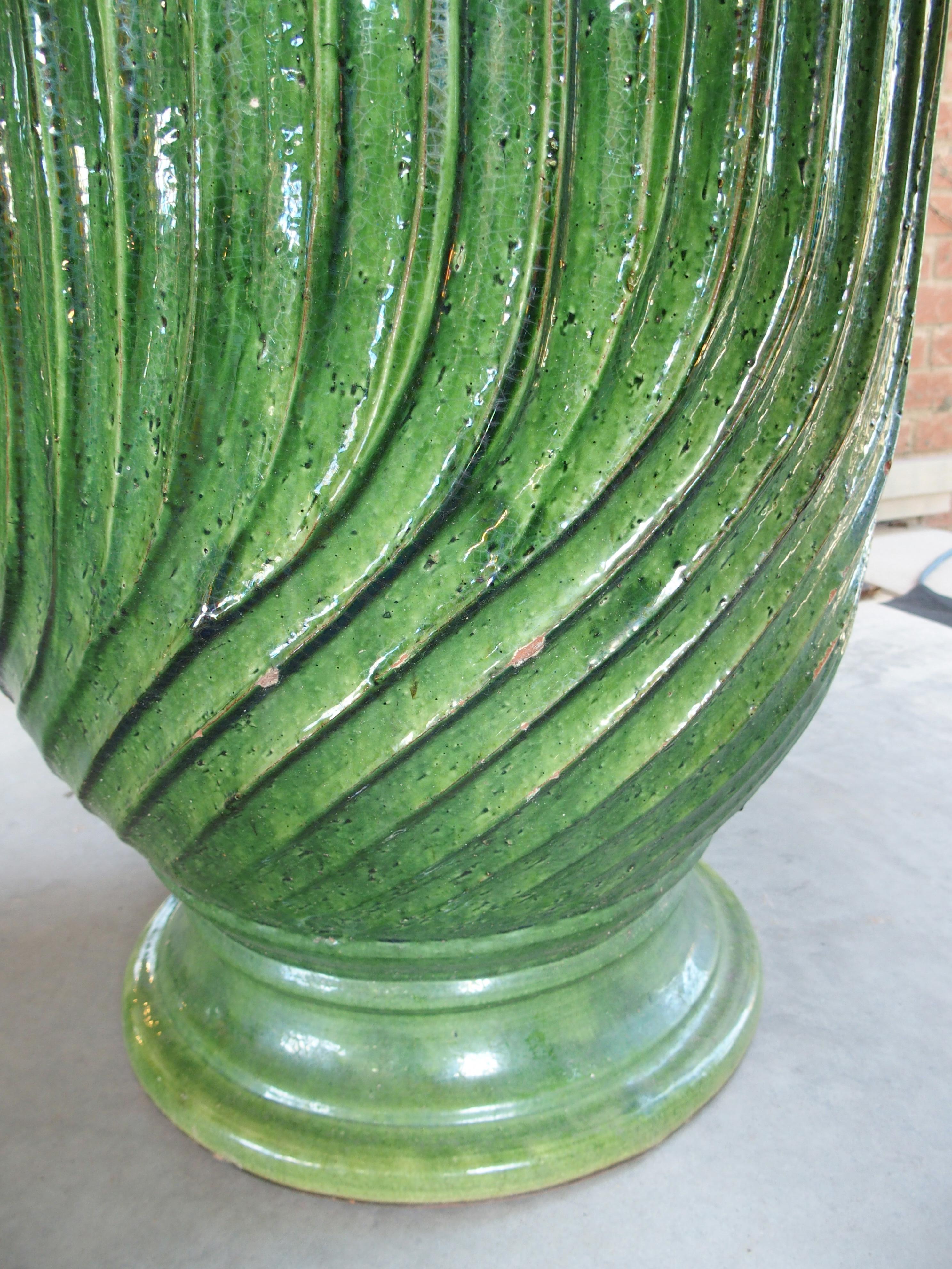 Pair of Striking French Green Striated Vintage Terra Cotta Anduze Pots, 1980s For Sale 9