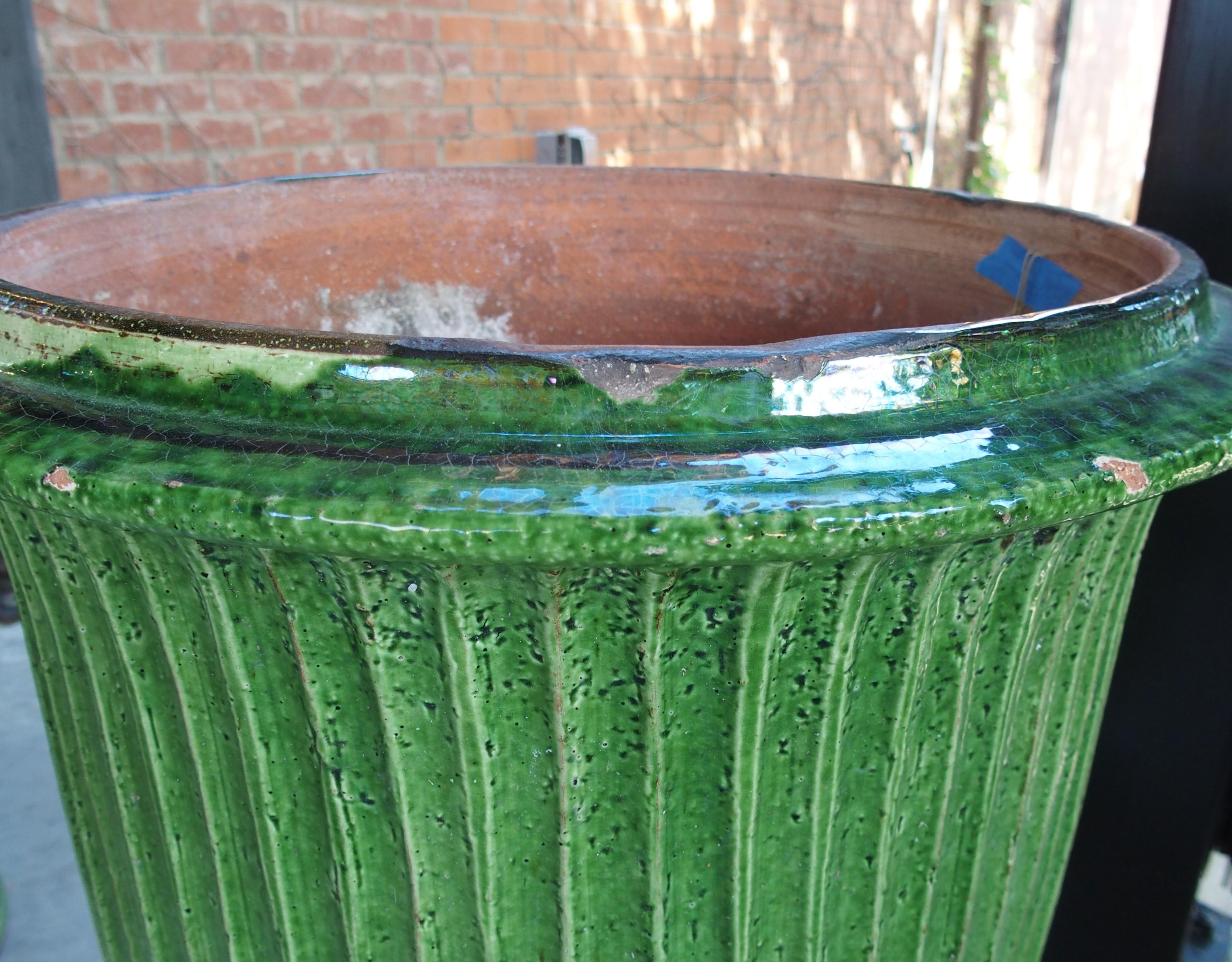 Pair of Striking French Green Striated Vintage Terra Cotta Anduze Pots, 1980s For Sale 10
